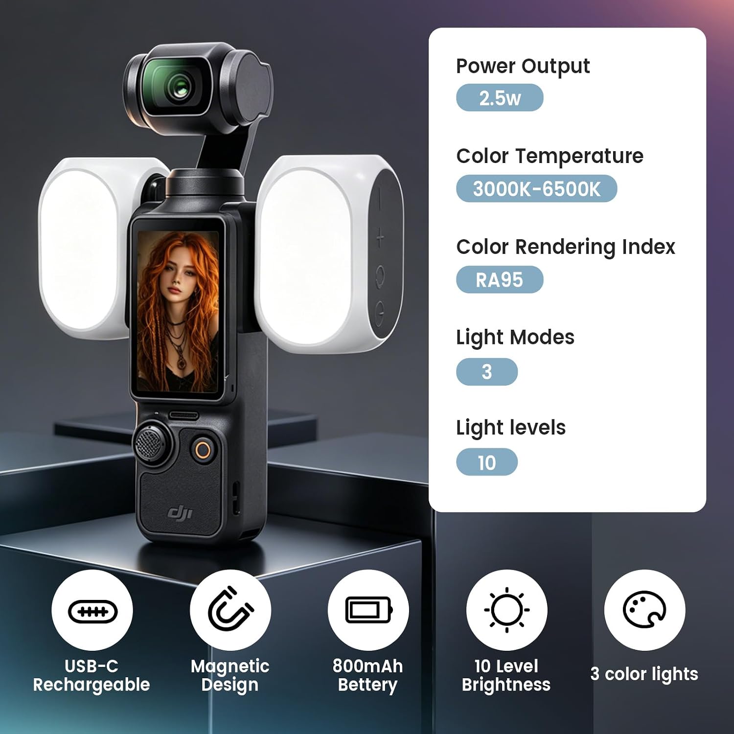 Magnetic Fill Light for DJI Osmo Pocket 3 & Xtra Muse, 800mAh CRI 95, 3000K-6500K Color Temp, 10-Level Brightness 3 Color Modes, Rechargeable Mini LED Light for Phone Camera Gimbal Accessory