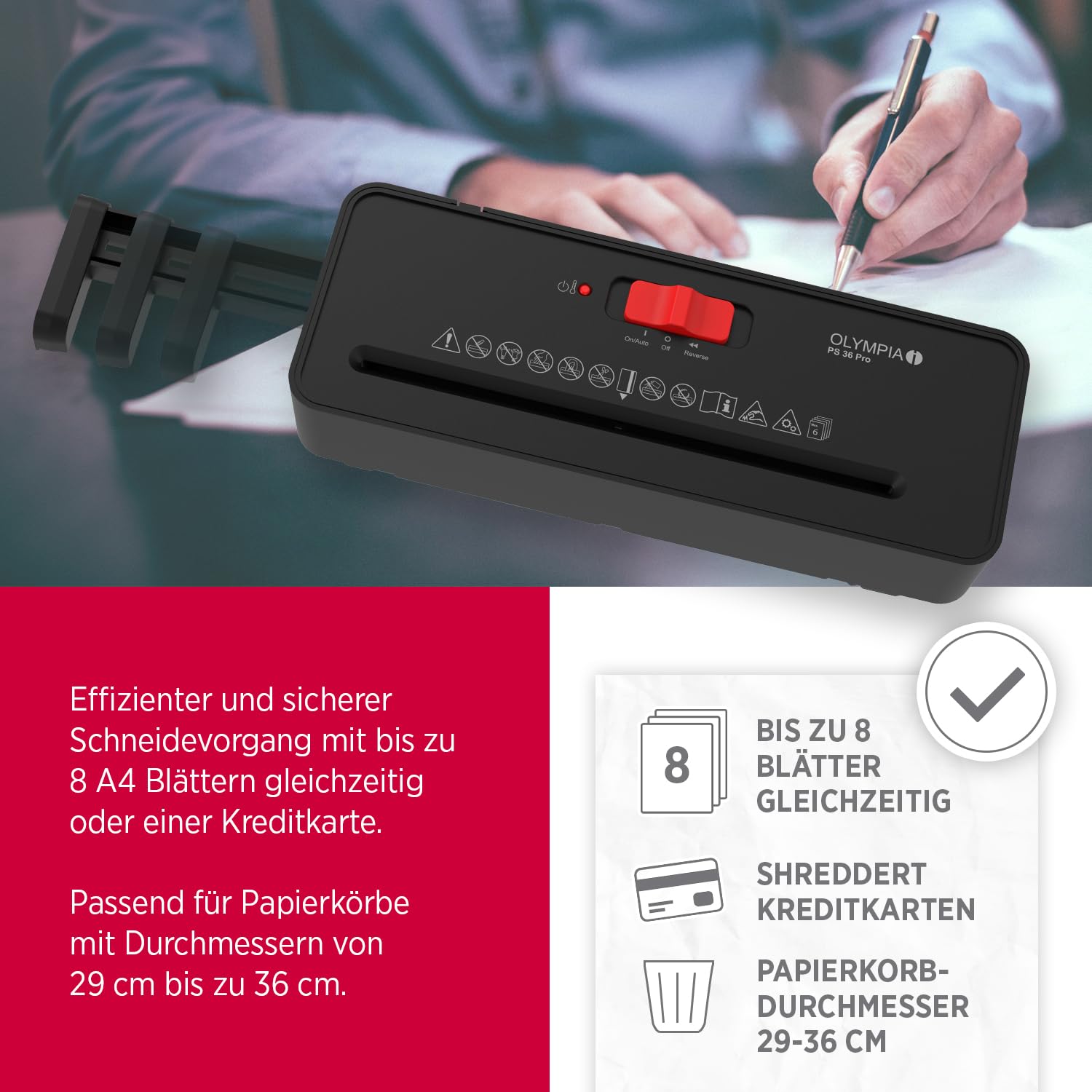 OLYMPIA PS 36 Pro Aktenvernichter | Papierschredder mit Streifenschnitt 6 mm | Schredder Aktenvernichter für Zuhause | Shredder Papier 6-Blatt | Paper Shredder | Mit universalem Aufsatz