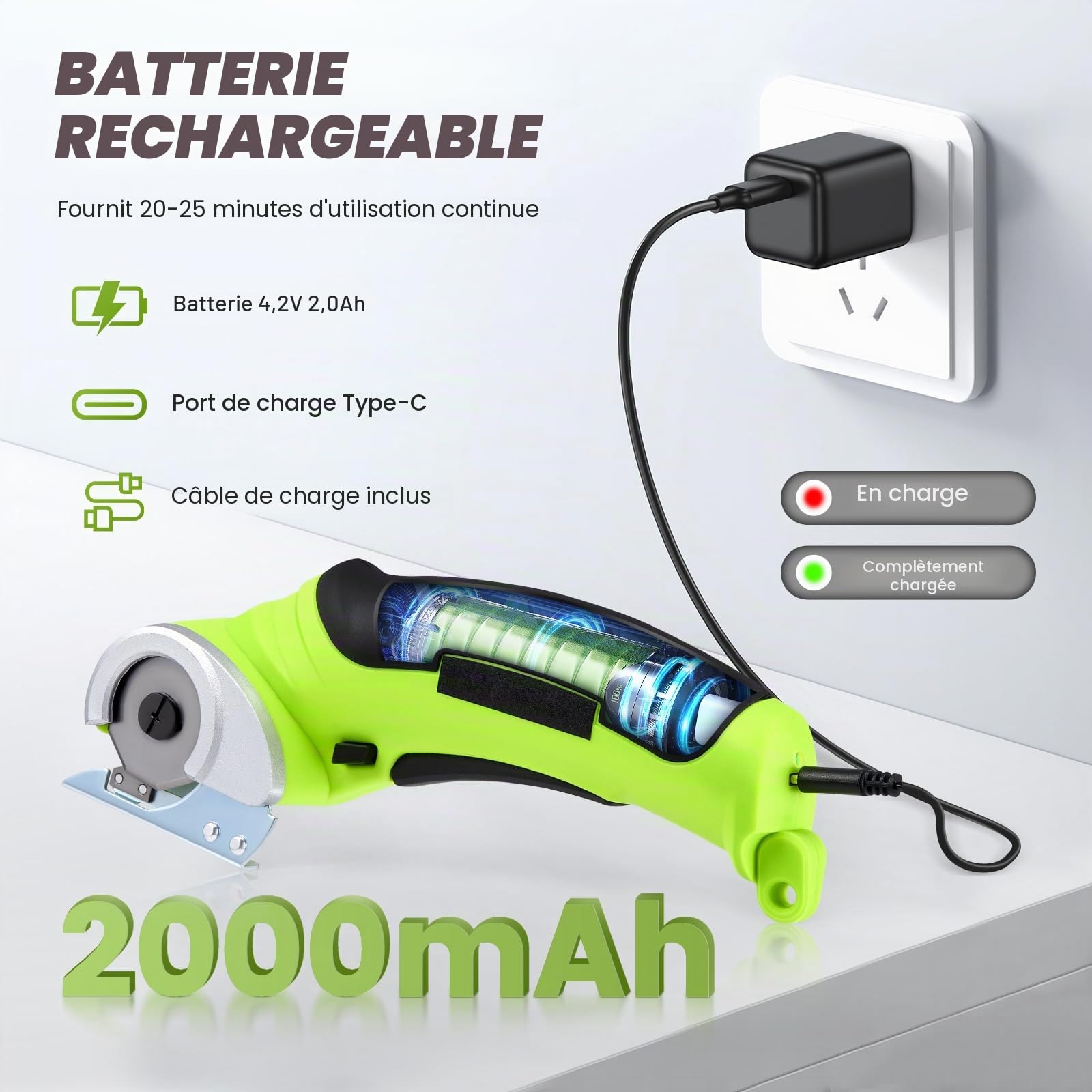 Ciseaux électriques sans fil 4,2 V Mini coupe-tapis et carton avec lame de rechange/chargeur, cutter rotatif pour emballage en carton, cuir et plastique (vert)