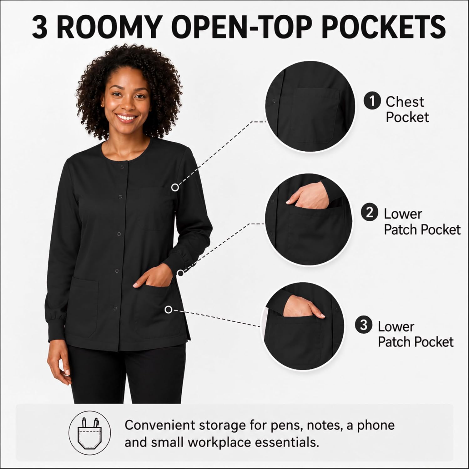 M&M SCRUBS Women's Snap-Front Warm-Up Scrub Jacket, 3 Pockets | 65% polyester, 35% cotton with knit cuffs, 3 pockets and classic fit.