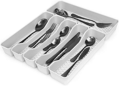 Miniatura 9 de Spectrum HEXA Bandeja de cubiertos expandible con 5 divisores (gris piedra), organizador en cajones para accesorios de cocina, cubiertos, cuchillos