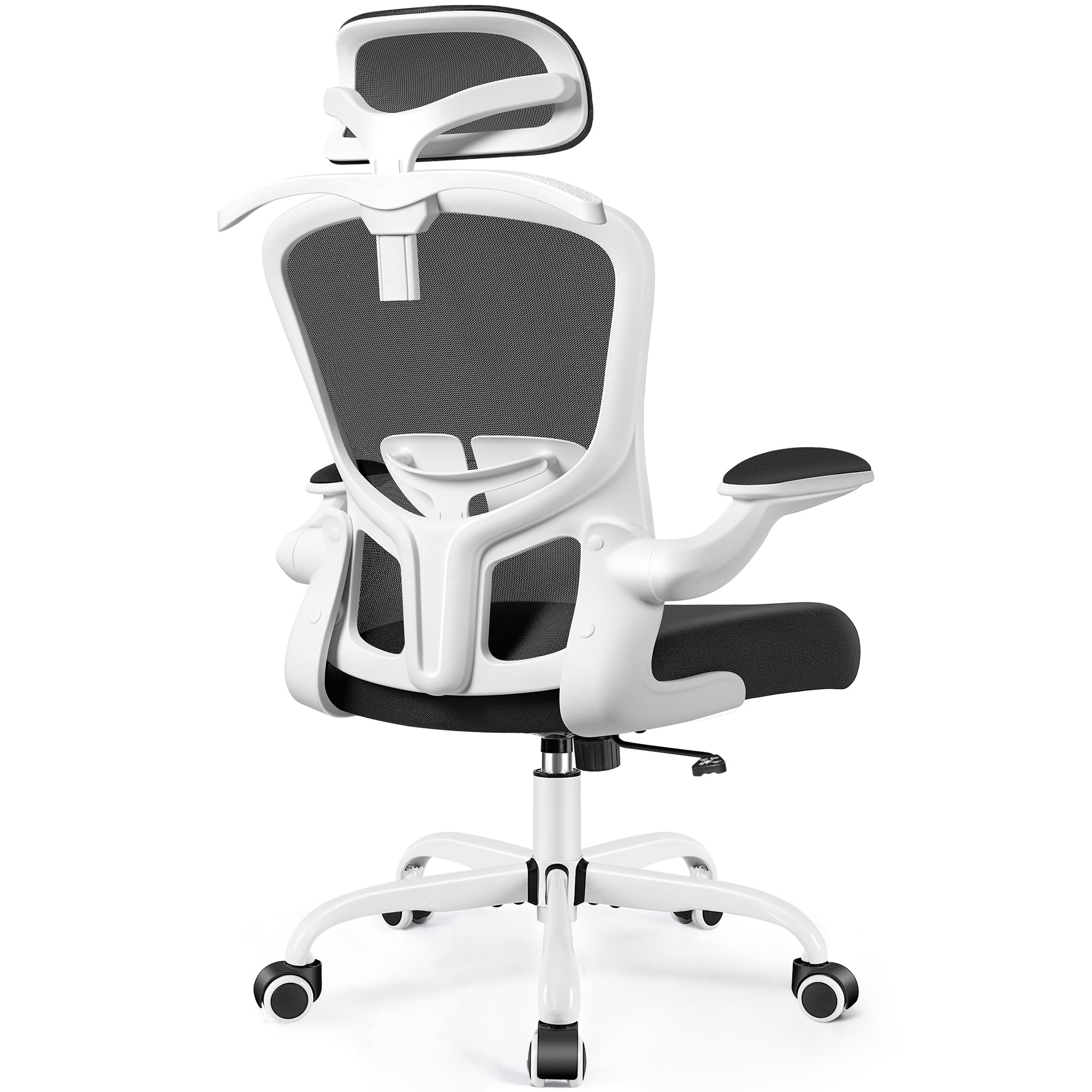 FelixKing Office Chair with Headrest, Ergonomic Desk Chair with Wheels, Task Swivel Comfy Chair with Adjustable Lumbar Support, Breathable Mesh Computer Chair with flip-up Armrests (White)