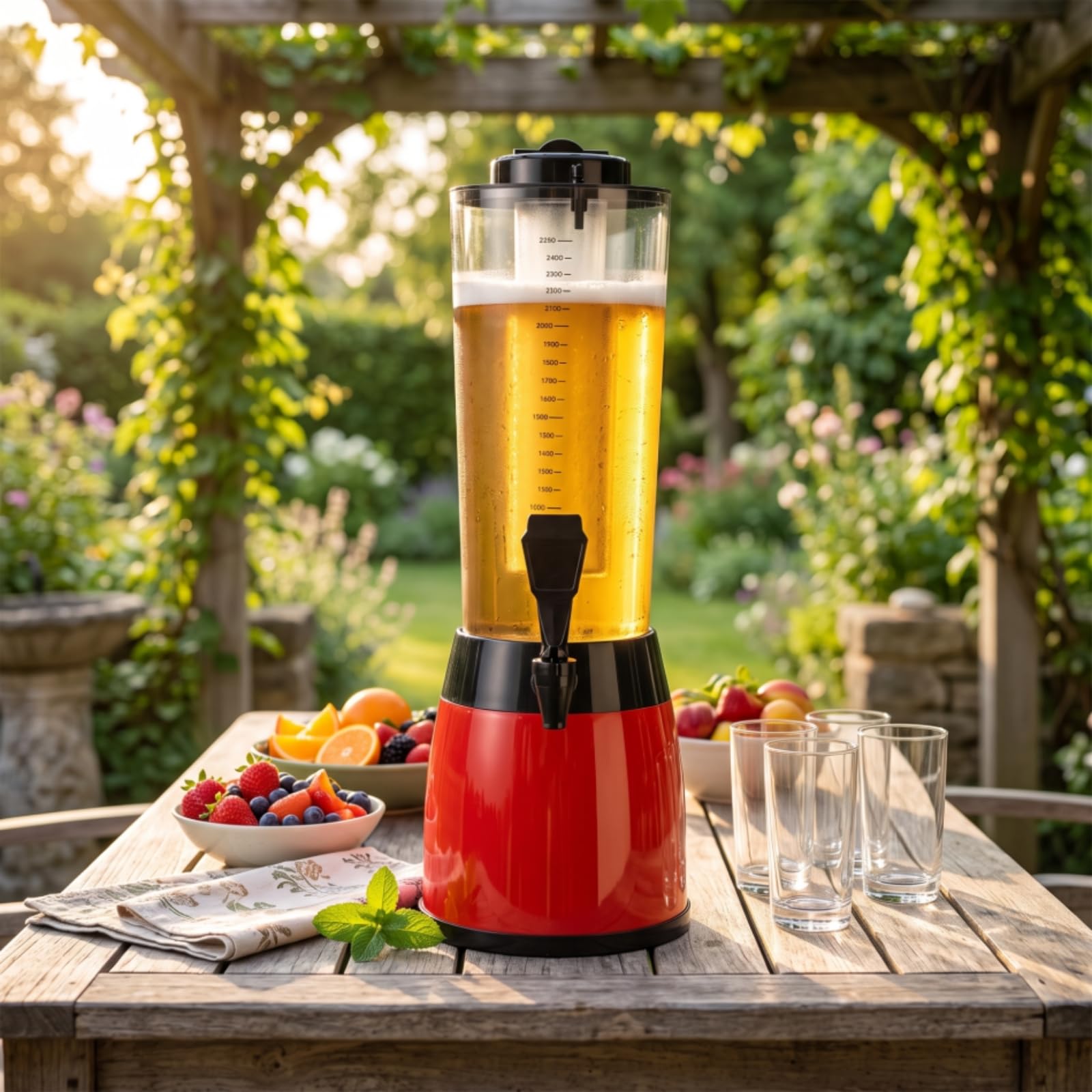 Distributeur de Boissons avec Robinet Beer Keg Carafe à Boisson Colonne Interne pour Glace Paroi Transparente Bec Lisse Anti-goutte Échelle Graduée, Array, Motif Bois