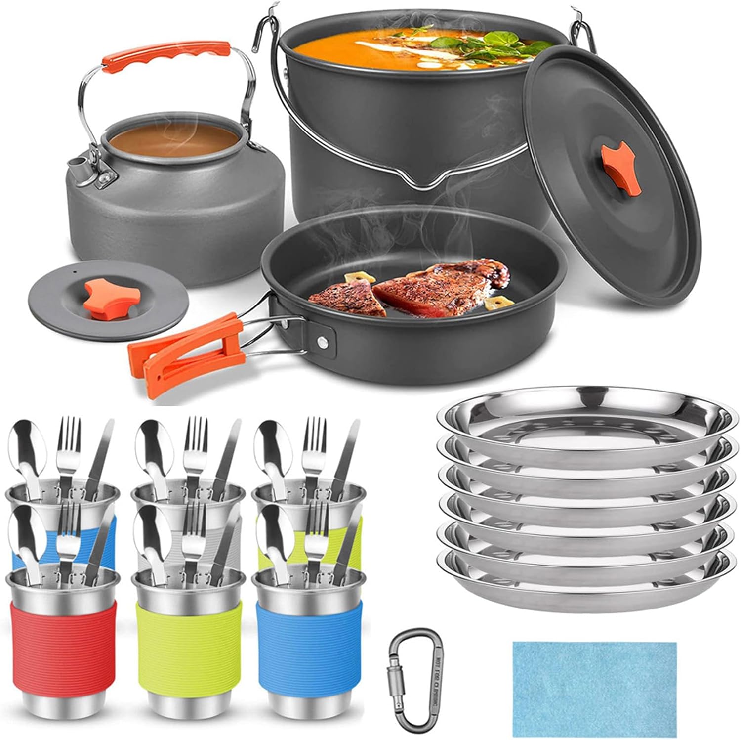 48Pcs Camping Cookware Set, Open Fire Cookware Pot Pan Kettle with Stainless Steel Cups Plates Forks Knives Spoons for Camping Hiking Picnic Outdoor Cooking 48Pcs