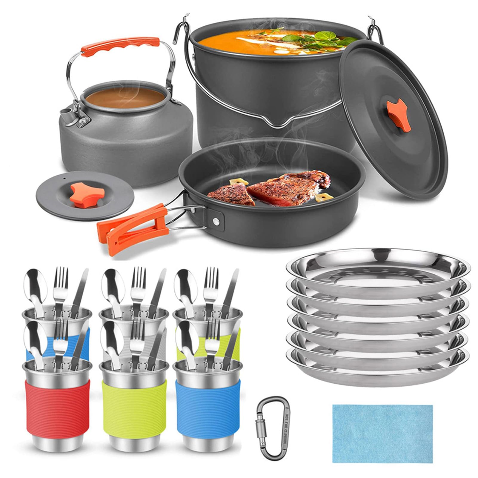 Cryfokt Camping-Kochgeschirr-Set, Langlebiges Outdoor-Kochgeschirr-Set, Tragbar für 6–8 Personen, Aluminiumlegierung, Campingausrüstung für Camping, Wandern, Rucksackreisen, Picknicken