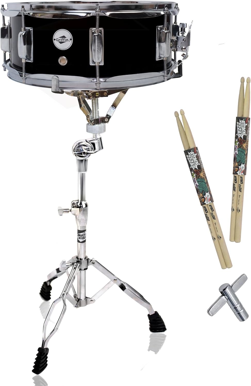 GRIFFIN 14" x 5.5" Snare Drum Kit (PoplarPro Edition)  Includes Snare Stand, 2 Pairs of Maple Wood Drum Sticks & Key  Wood Shell Marching Percussion Practice Set