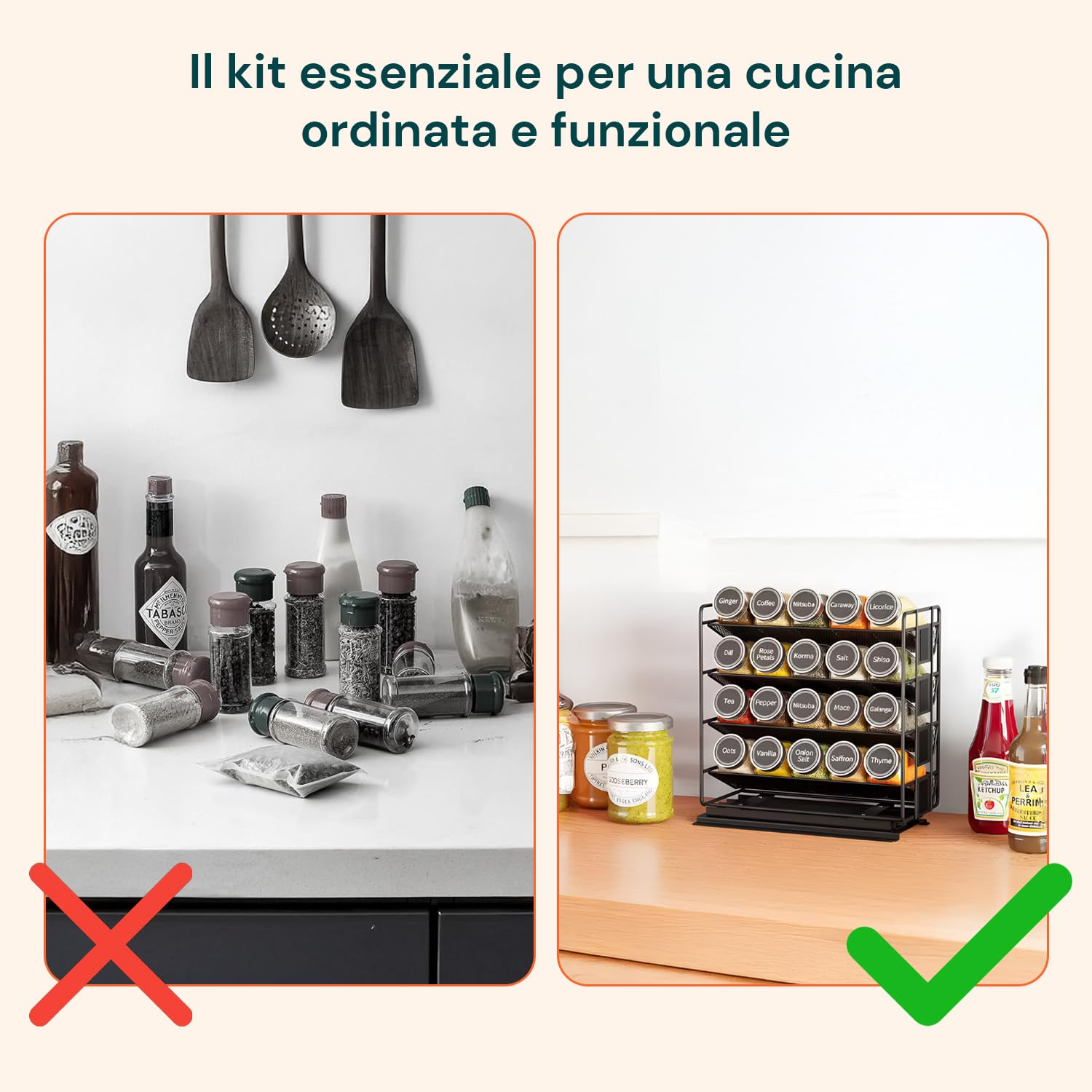 Avilia - Porta Spezie per Cucina con 20 Barattoli Vetro, Struttura Estraibile Salvaspazio, Etichette Impermeabili, Imbuto Silicone e Penna Inclusi