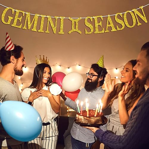 Miniatura 5 de Cartel de la temporada de Géminis con purpurina dorada, letrero de feliz cumpleaños, energía de géminis grande, 12 constelaciones del zodiaco tema