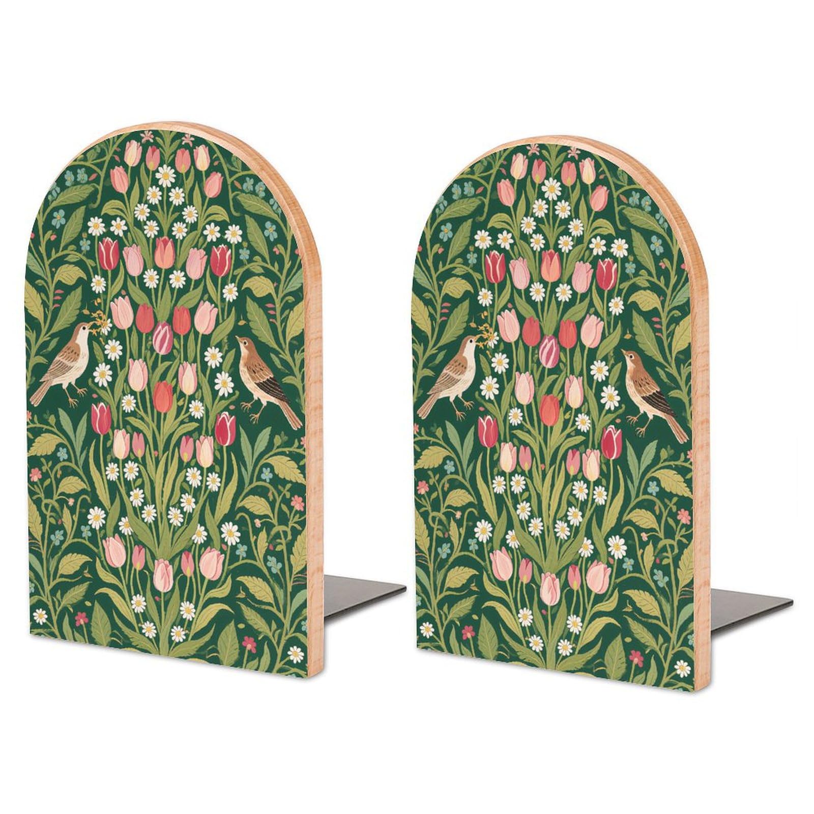 2 Pcs Wood Book Ends, William Morris Flowers Birds cup Book Shelf Holder, Non Slip Wooden Bookends Stand for Shelves Home Office Library Study Decor