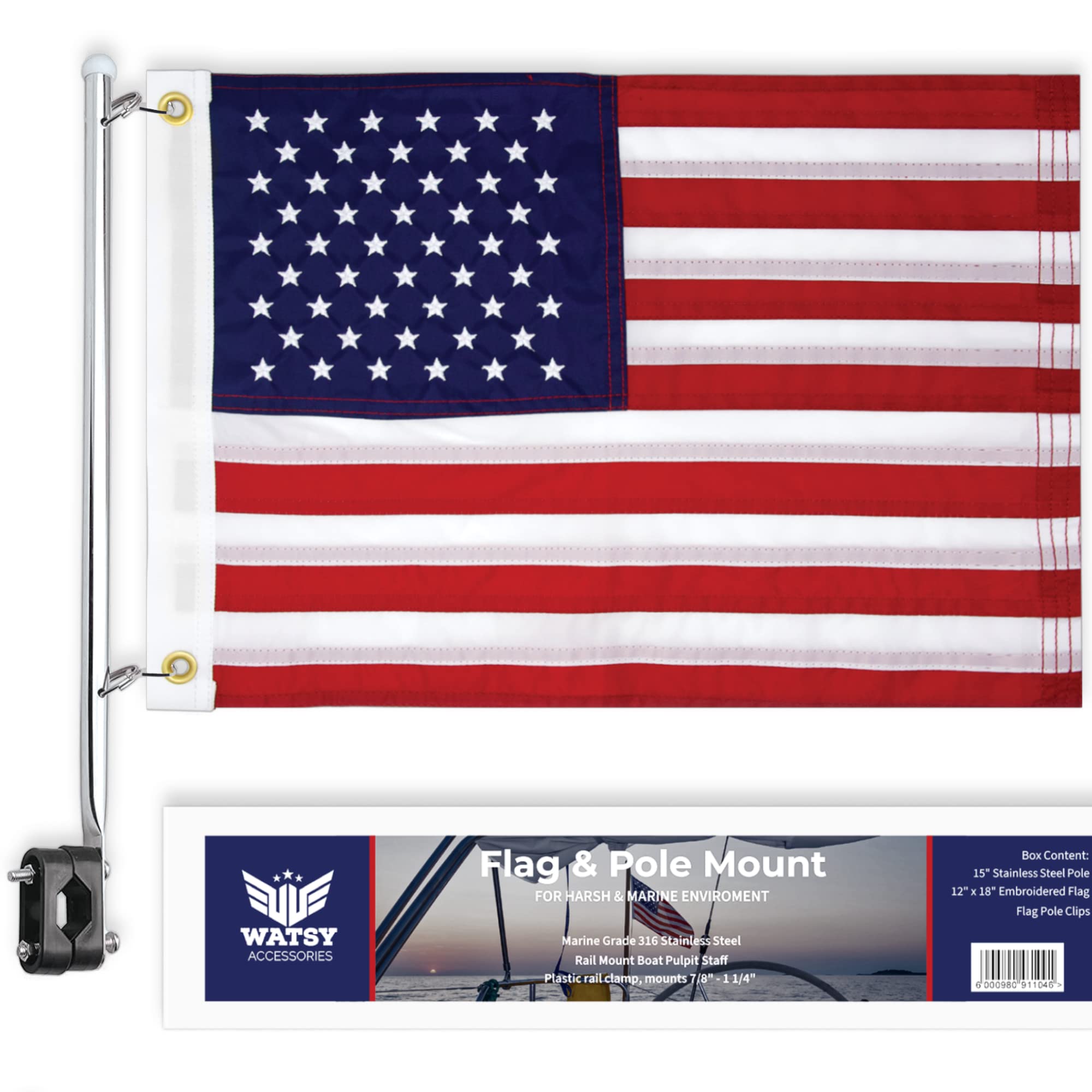 Buy WATSY American USA Boat Flag With Pole Kit 12" x 18" Cabin Waterproof Embroidered Marine