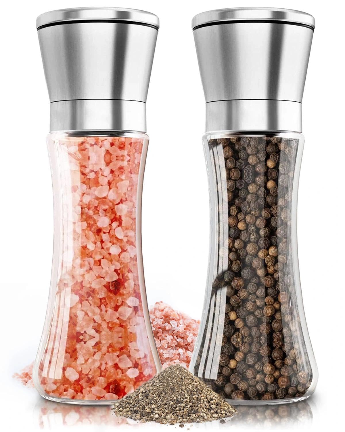 Salt and Pepper Grinder Set- GiftGem Adjustable Coarseness Coarse, Tall Glass Salt and Pepper Shakers, Kitchen Set, Kitchen Essentials （ Without Spice Content ）