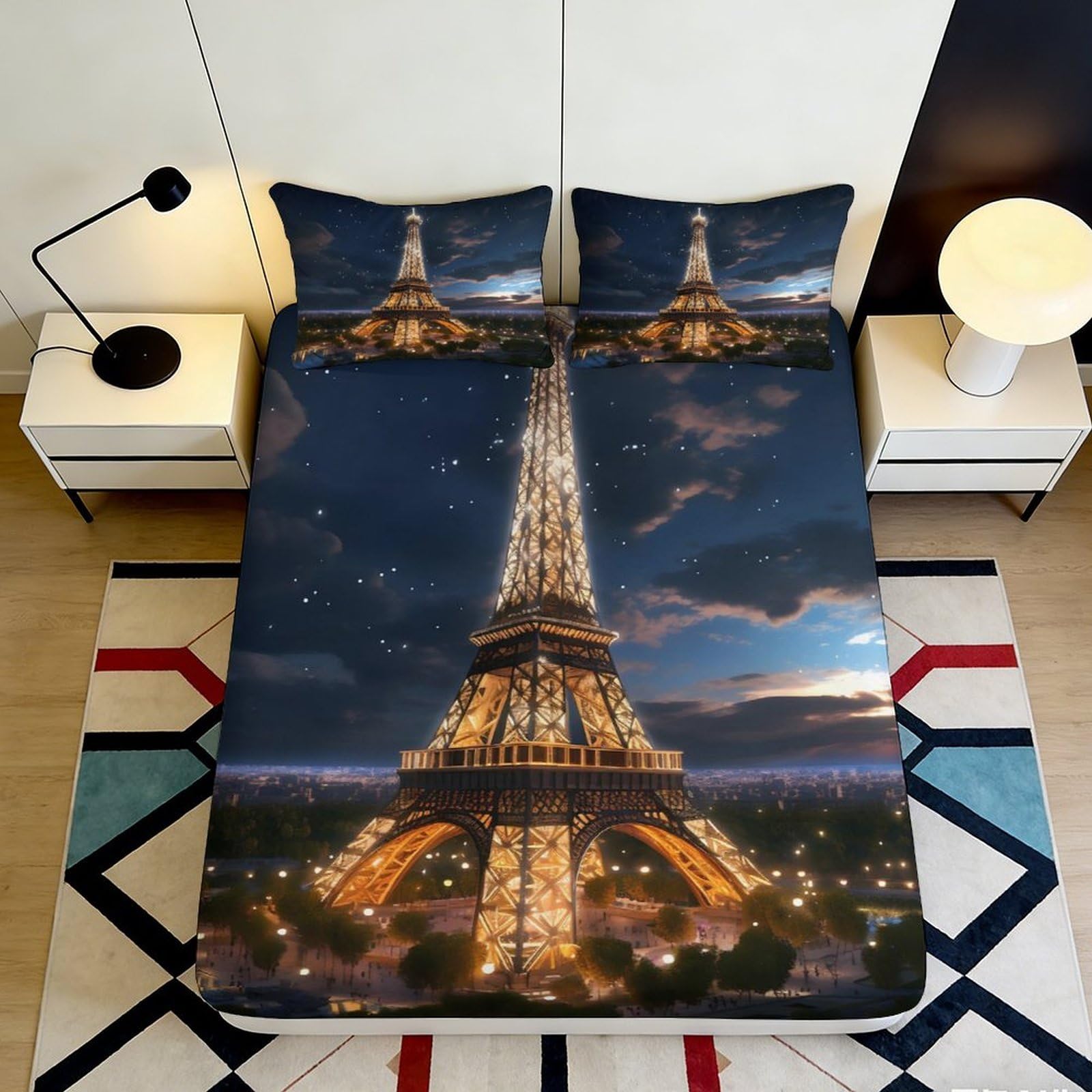 3D Printed Eiffel Tower Night Sky Fitted Sheet Microfiber Bedroom Decor Paris Landmark Mattress Cover Adult Teen 120x200x25cm