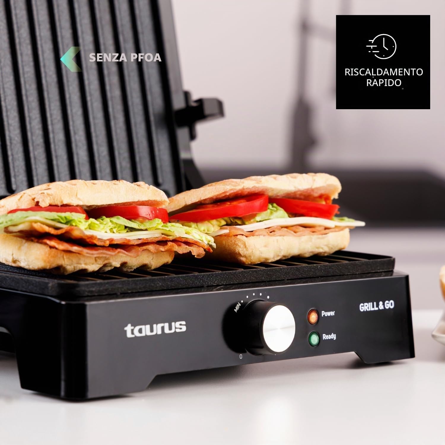 Taurus - Grill Elettrico Grill&Co GR1500X | 1500W | Piastre Antiaderenti 27,5x17,3cm | Coperchio Basculante 180º | Termostato Regolabile | Base Antiscivolo | Vaschetta Raccogligocce