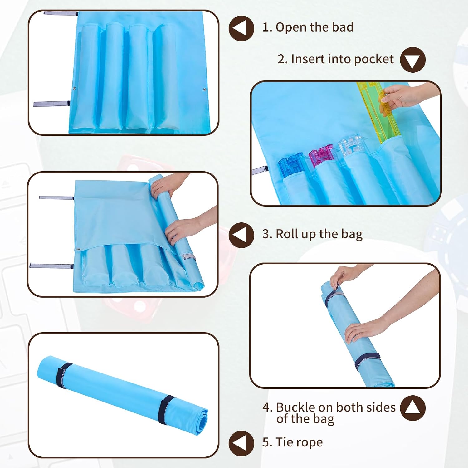 Mahjong Rack Bag,Durable Oxford Cloth Mahjong Bags with 4 Separate Pockets,Fits American Mahjong Pushers,Roll Up Portable Organizer for Travel Party Club,Practical mahjong accessories and gifts (Blue) image 3