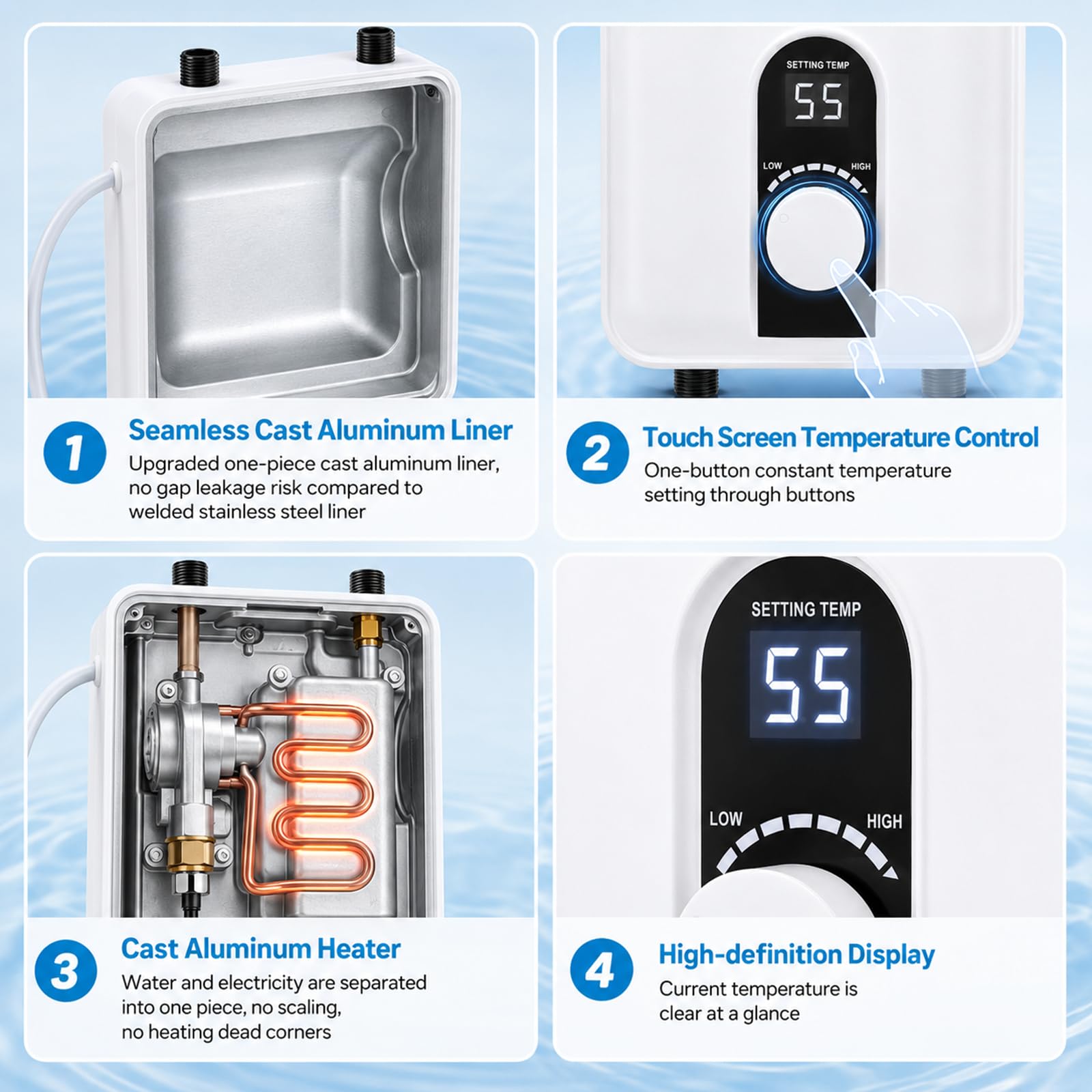 Scaldacqua istantaneo, 6000 W, mini scaldabagno elettrico con display LED, 230 V, per cucina e doccia, bagno, senza spina, resistente alla pressione, impermeabile IPX4, classe energetica A