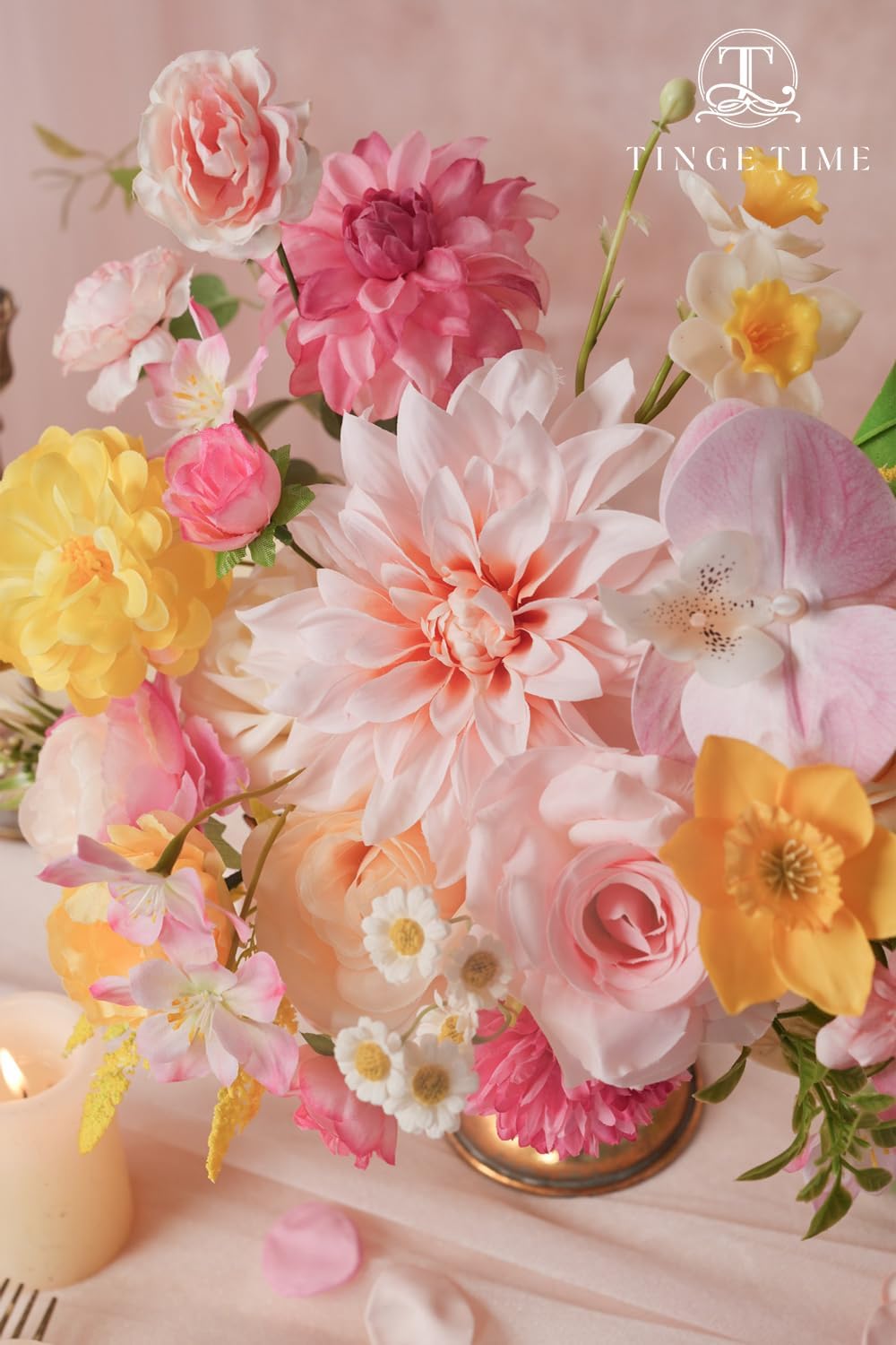TINGE TIME Rose Artificial Flowers Combo, Pink Yellow Fake Foam Peony Dahlia with Stems for DIY Wedding Bouquets Baby Shower Party Table Centerpieces Home Decorations
