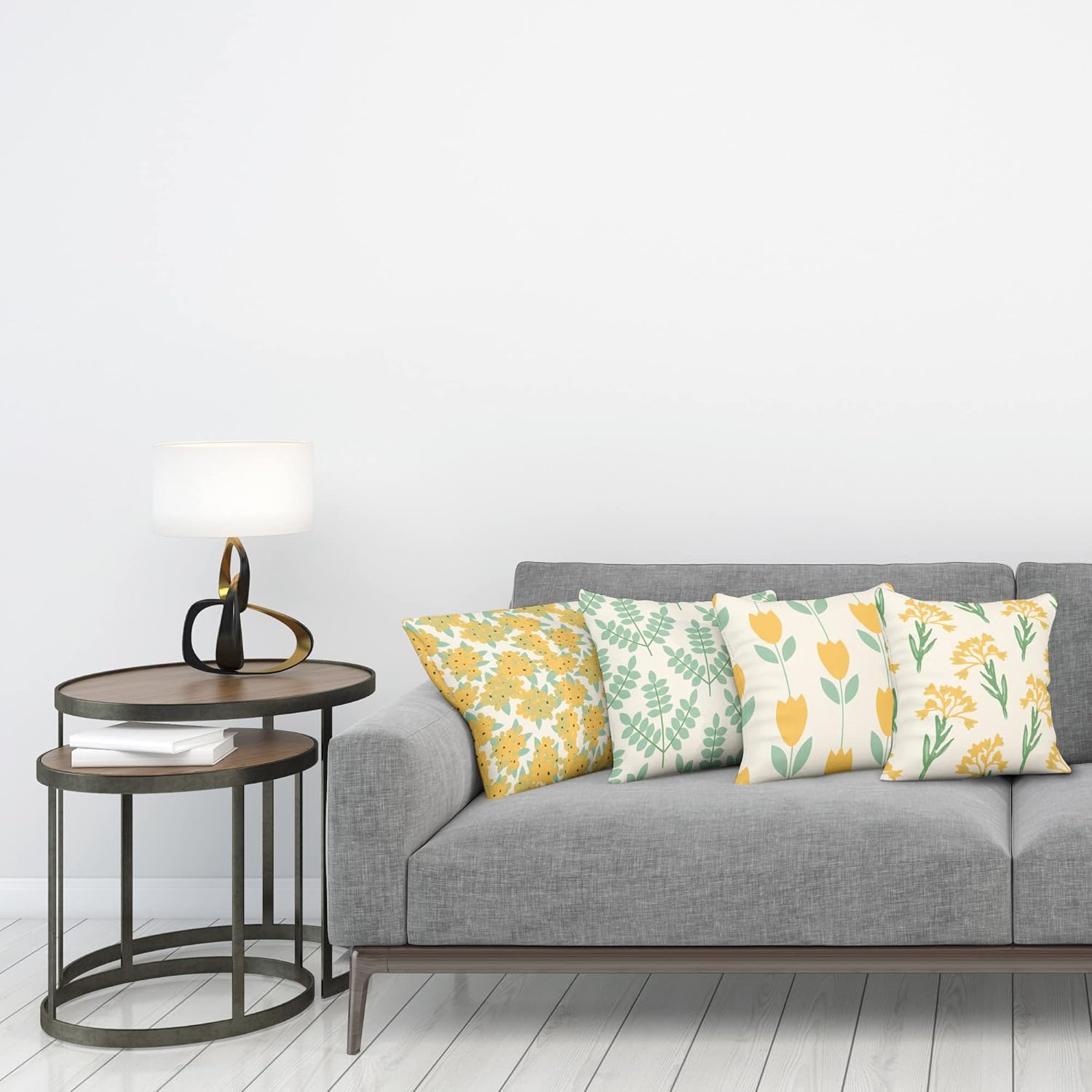 Ambesonne Floral Throw Pillow Cushion Case Pack of 4, Summer Blossoming Pattern Flowers Romantic Themed Branches Motif, Modern Accent Double-Sided Printing, 20" x 12", Mustard Pale Teal and Ivory