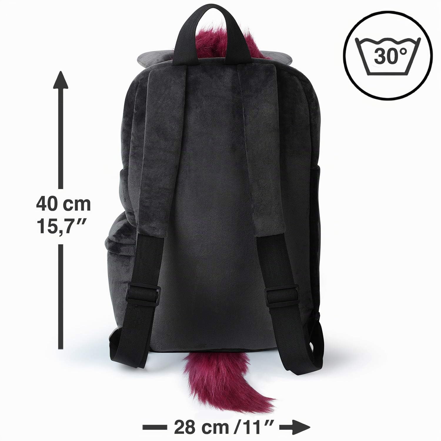 corimori Punk-Einhorn „Ruby“ - großer, flauschiger Plüsch-Rucksack für Teenager und Erwachsene - dunkelgrau/pink