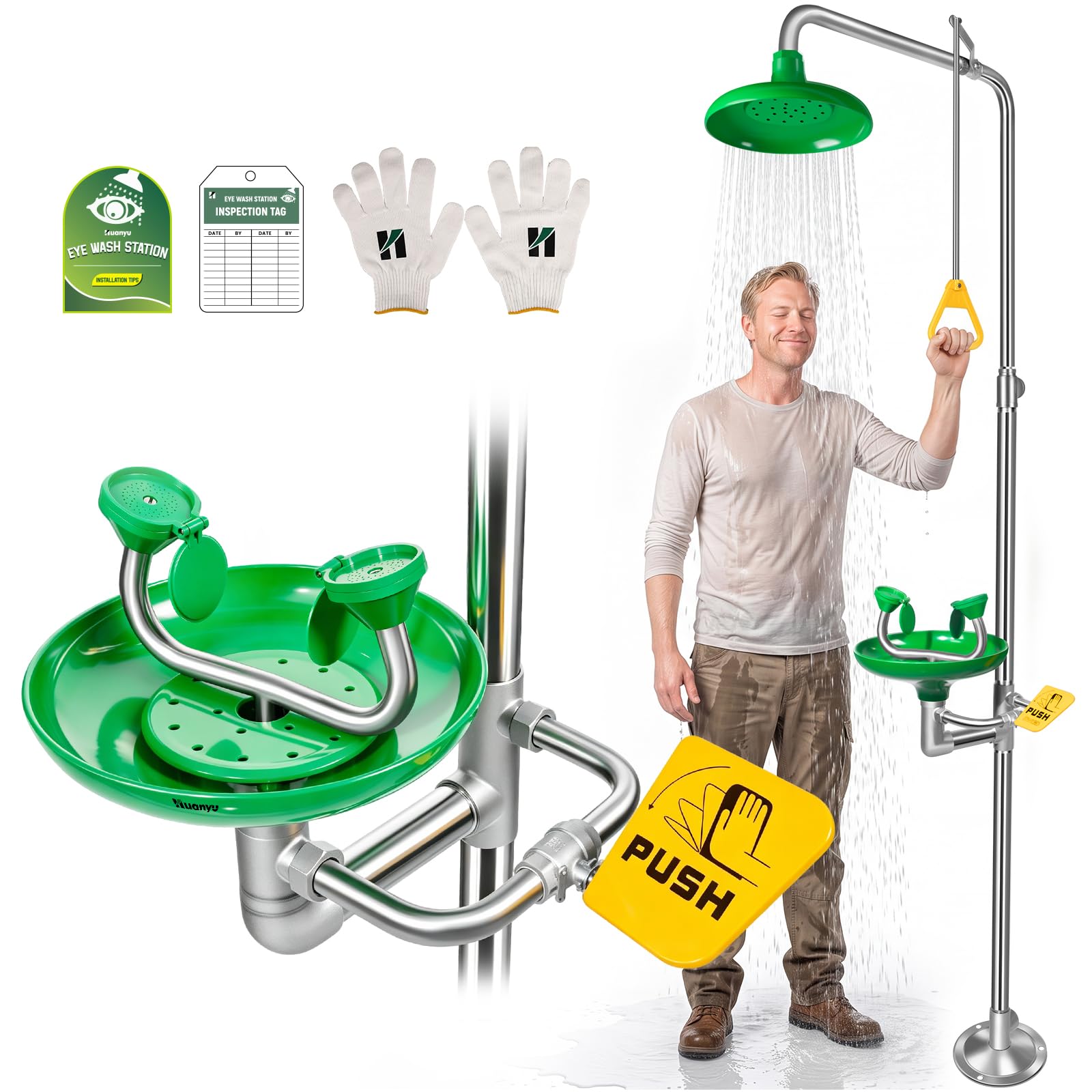 Huanyu Station de douche oculaire d'urgence et douche d'urgence 2 en 1 combinaison laveur d'yeux pour le lavage Douche Personnalisation des fournitures de sauvetage prise en charge (1102-1)