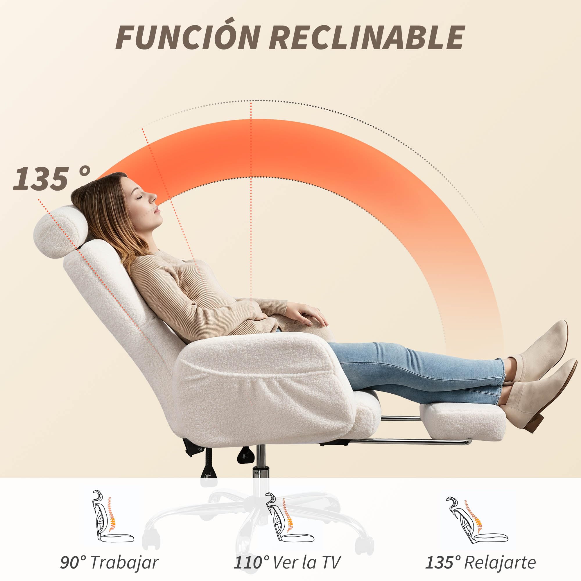 HOMCOM Silla de Escritorio con Reposapiés Silla de Oficina Borreguito Crema | Respaldo Reclinable, Reposacabezas Ajustable, Respaldo Alto, Altura Ajustable