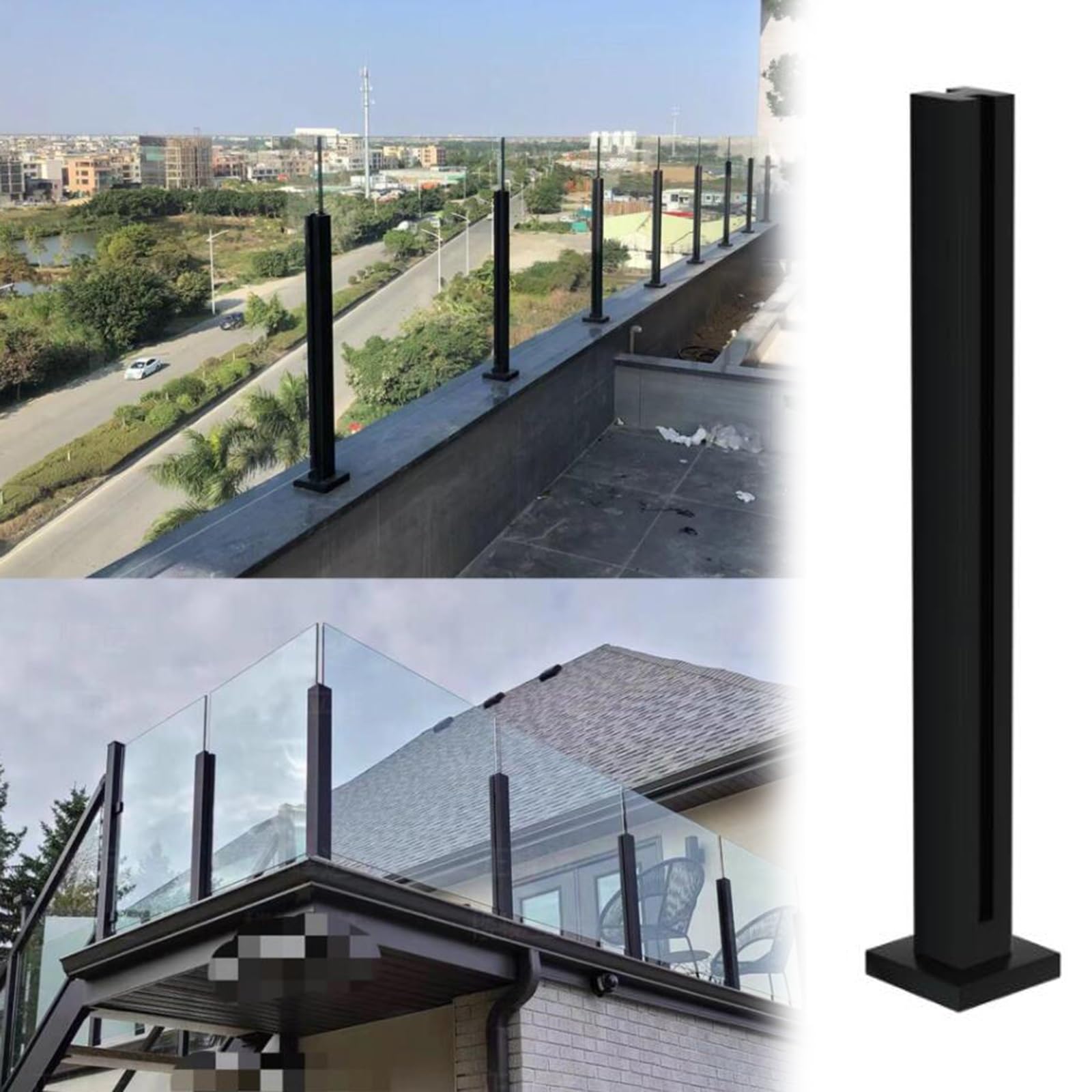 Garde-corps en verre anti-rouille avec poteaux carrés noirs pour escalier sécurisé
