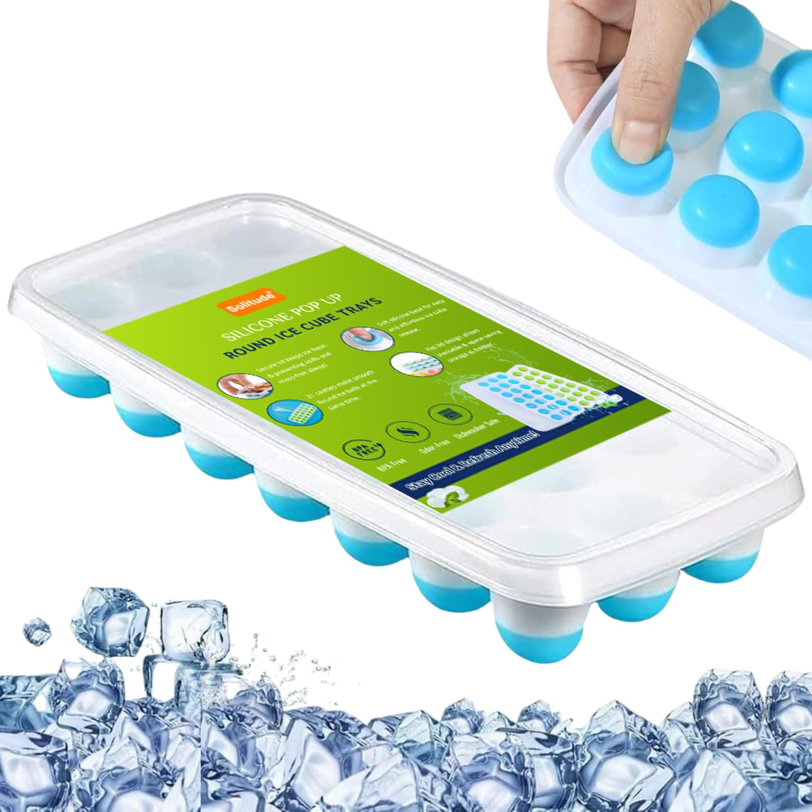 Solitude Silicone Round Pop Up Ice Cube Mold Trays with 21 Cavities and Lid for Freezer with Easy Release Flexible Silicone Bottom, Stackable Whiskey Bar Ice Cube Moulds (Multicolor, 1 Piece)