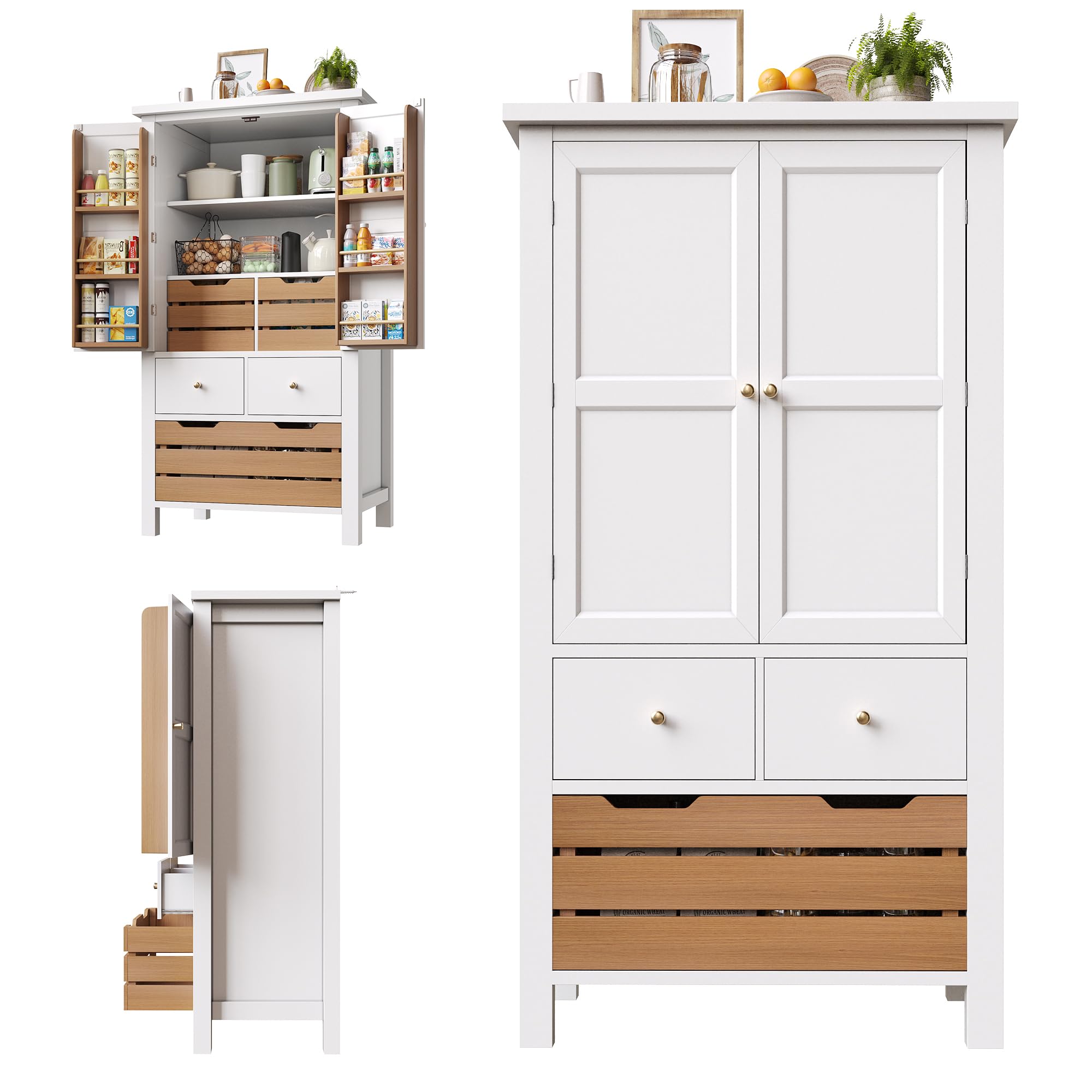 Kebnor Küchenschrank (80x40x140cm), hohes Küchenbuffet, Mehrzweckbuffet, Snackschrank, Aufbewahrungsmöbel mit Zwei Türen und fünf Schubladen (weiß)
