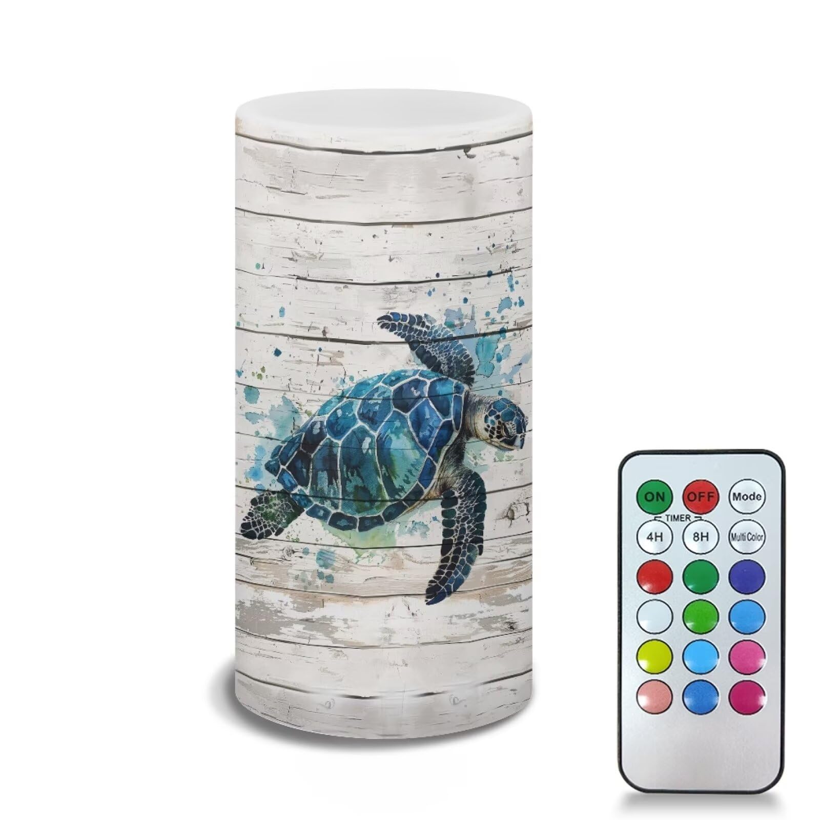 Poceacles Sea Turtle LED Flameless Candles Battery Operated with Remote Timer Realistic Electric Candle Pillar Lights Color Changing for Home Indoor Outdoor Decor, Sea Turtle White Wood Grain