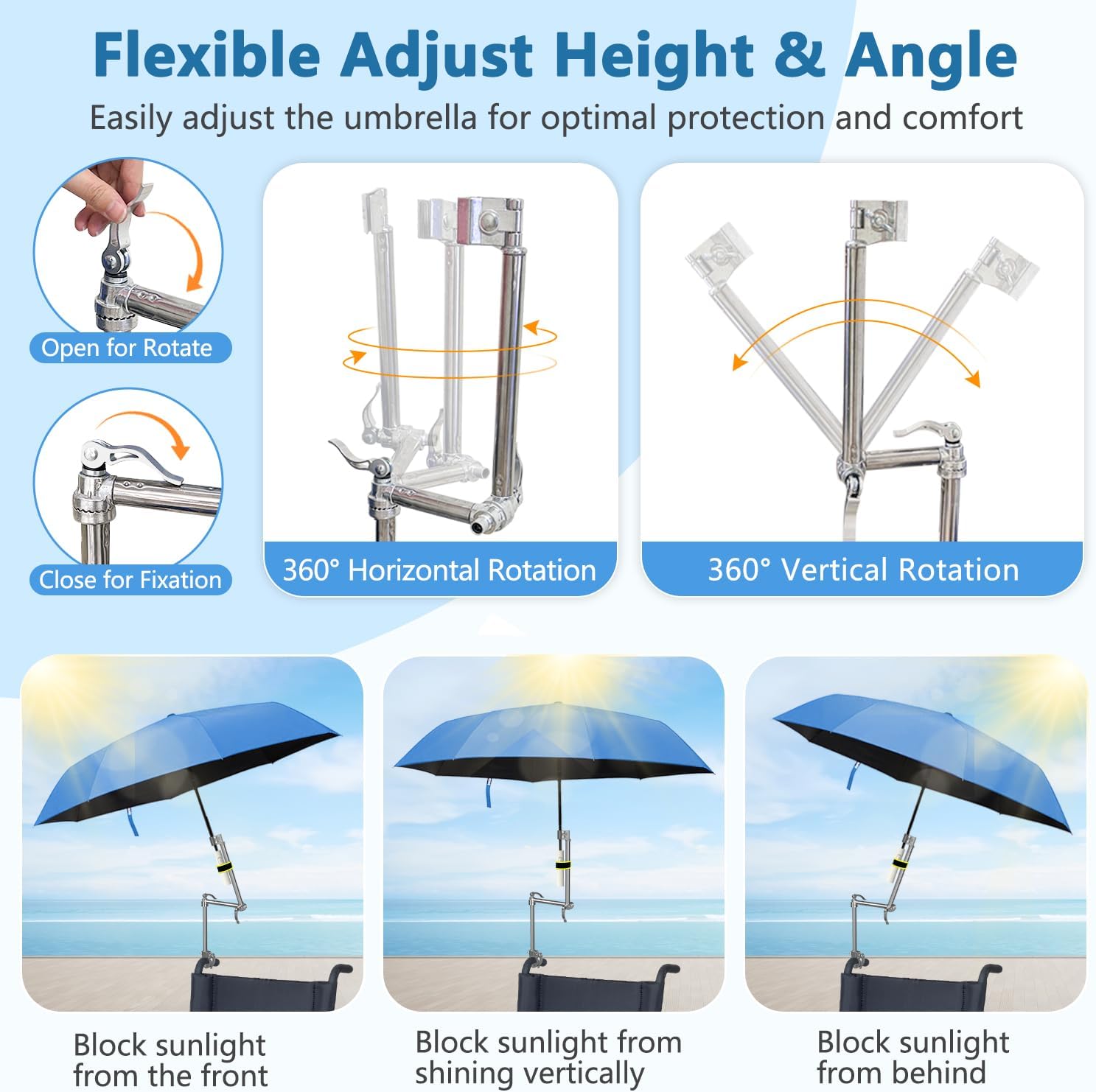 Bicycle Umbrella Mount Stand Holder, Stroller Wheelchair Umbrella Holder Hands Free, Chair Umbrella Clamp Clip, Bicycle Umbrella Attachment, Adjustable Bleacher Umbrella Stand for Bicycle Handlebars