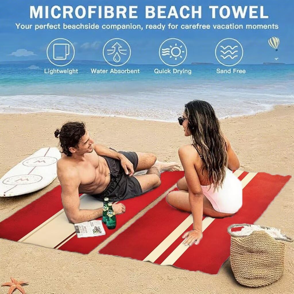 Serviette de Plage 90x200cm, Rouge Serviette Microfibre Lot de 2 Bande Motif Ultra Absorbantes Séchage Rapide Anti Sable Légère Drap de Plage avec Bouton Pression Design pour Piscine Voyages, Model611