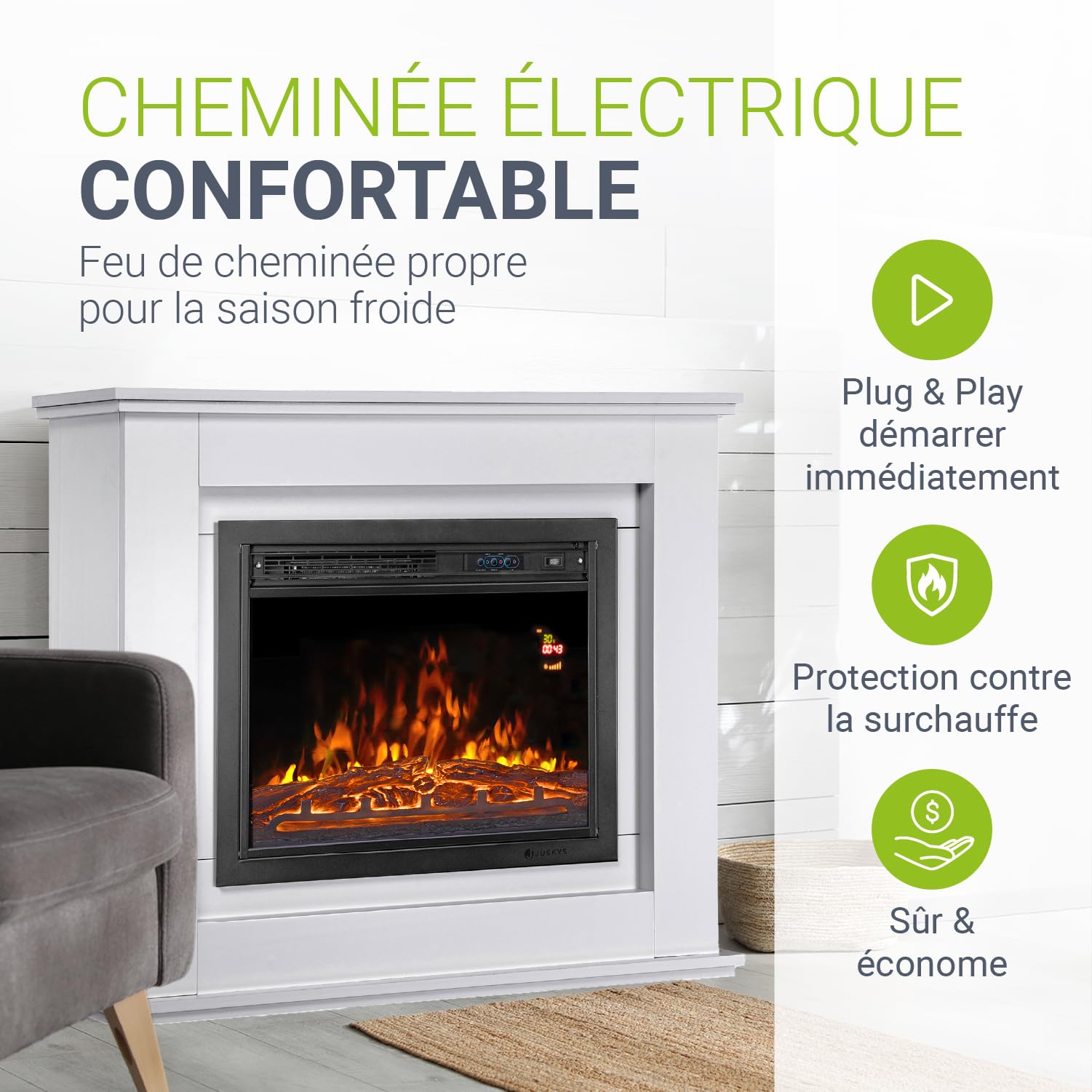 Juskys Cheminée électrique 1000/2000 W avec Chauffage, cheminée, Effet Flamme, télécommande, éclairage LED et minuterie (Blanc)(98x28x81cm)