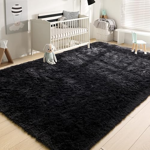 Miniatura 8 de YJ.GWL Alfombras suaves y esponjosas para dormitorio, sala de estar, alfombra de felpa negra para guardería, sala de juegos, dormitorio, alfombra