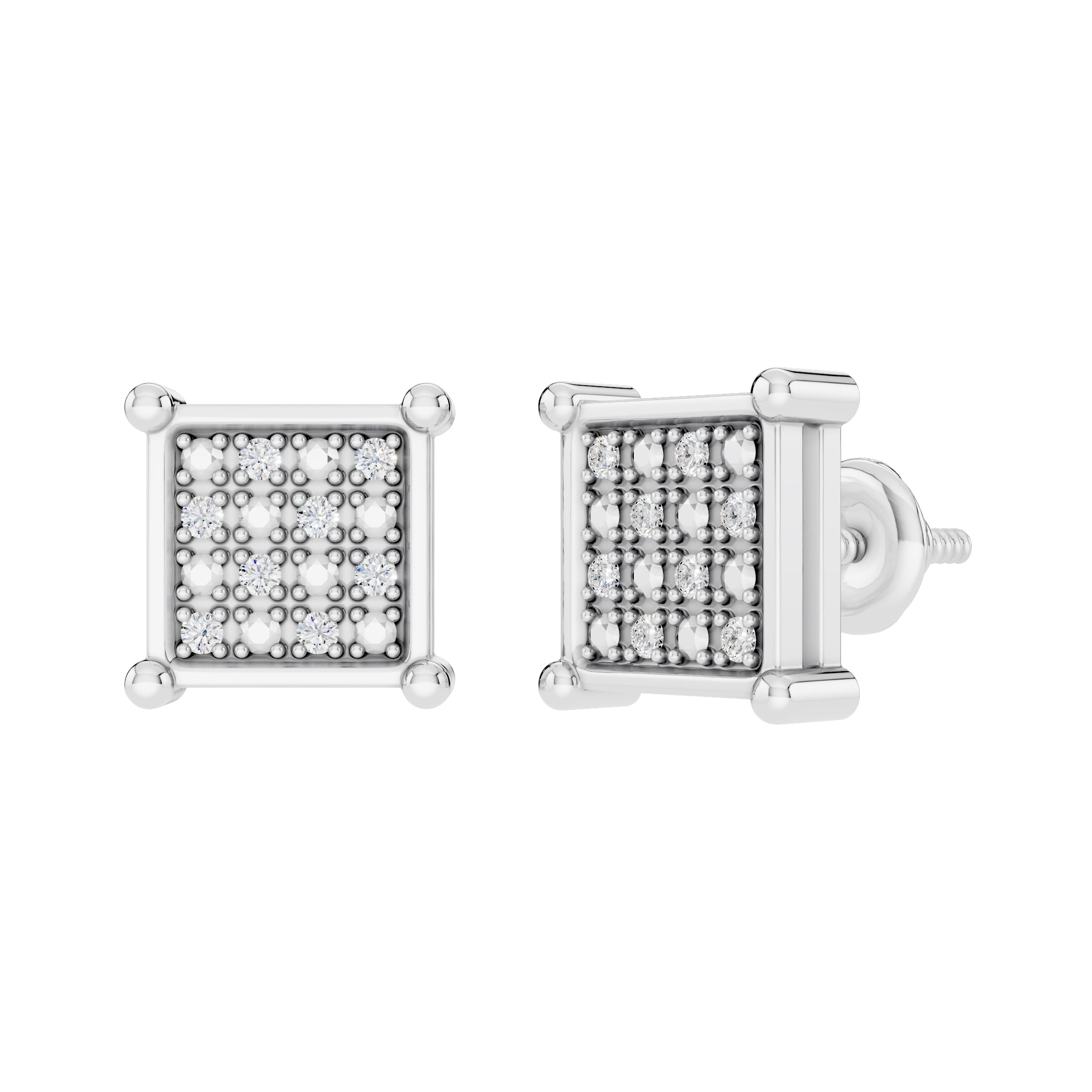 0.10 Ctw Natural Round White Diamond 8mm Square Hip Hop Iced Out Studs in 925 Sterling Silver, Unisex Design Ladies,Mens Real Diamond Earrings