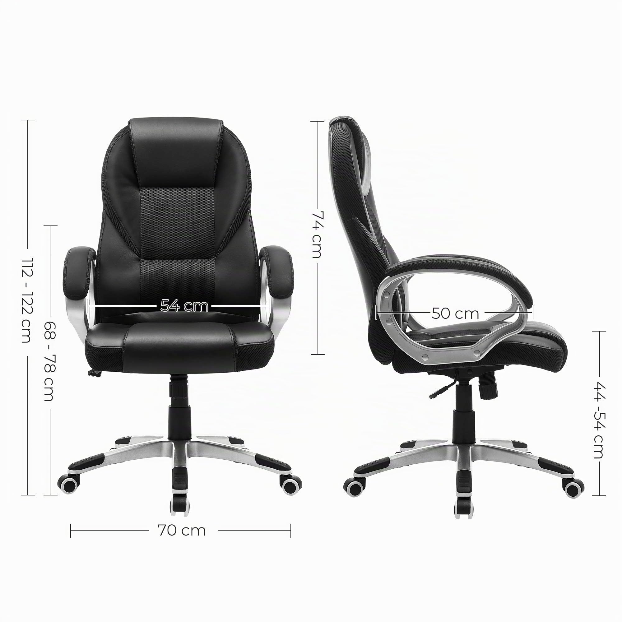 SONGMICS Fauteuil Gamer Ergonomique Pivotant Hauteur Réglable avec Roulettes Noir 73 x 70 x 122 cm