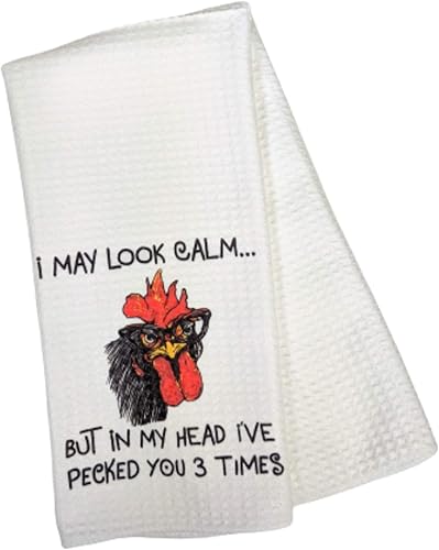 I May Look Calm But In My Head I've Pecked You 3 Times Funny Gift Angry Rooster Chicken - Waffle Weave Kitchen Towel Farmhouse Decor, White