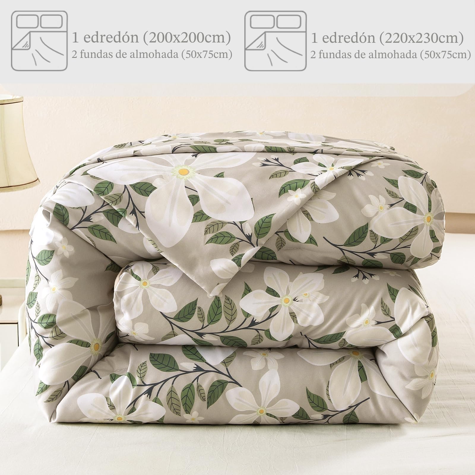 Whale Flotilla Edredón de 200 x 200 cm, Transpirable y Supersuave, para Las 4 Estaciones con 2 Fundas de Almohada, diseño de Flores Beis