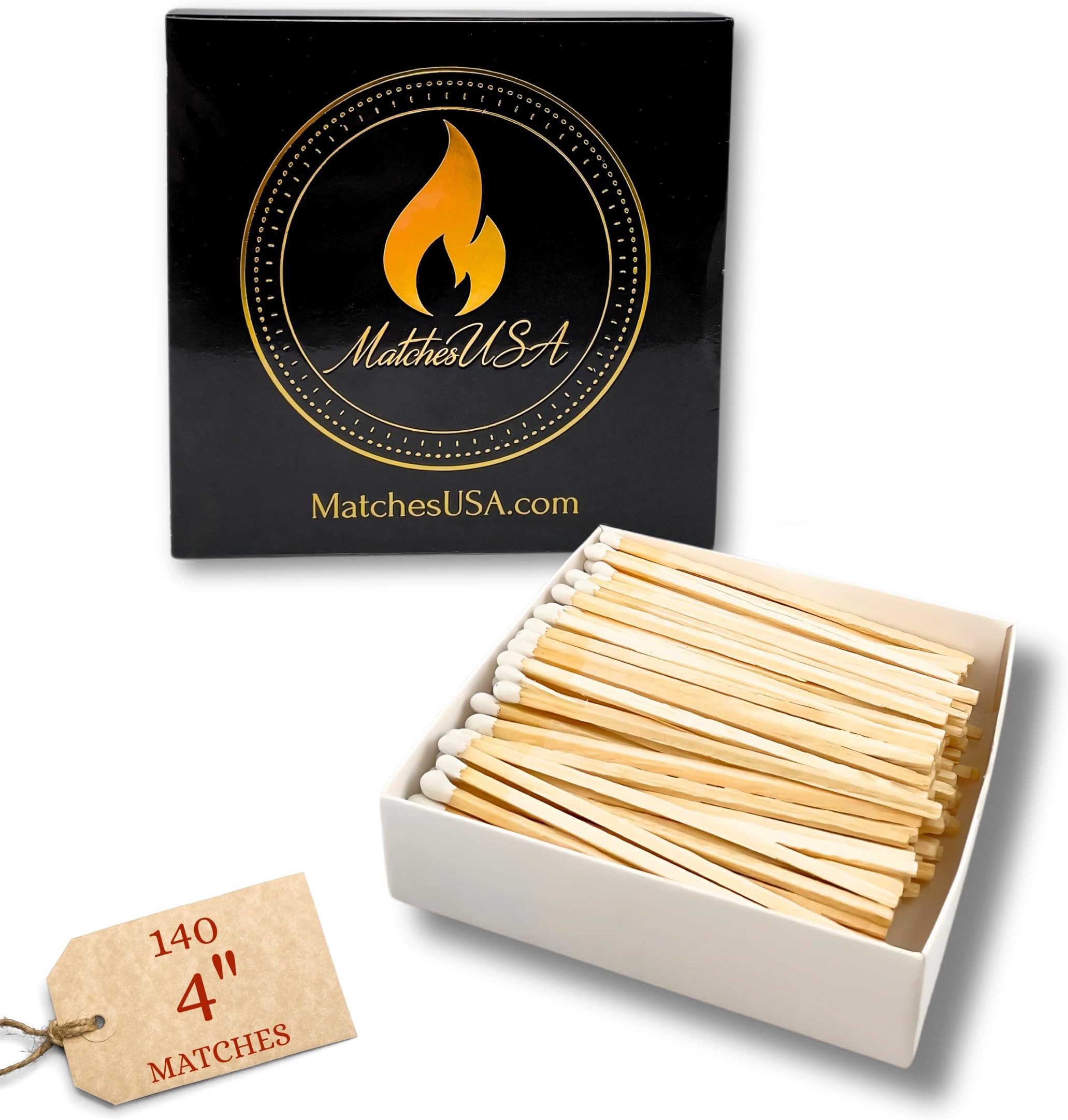 140-4" White Matches in Decorative Box | Choose from 2", 3", 4", 5", 8" Wooden Safety Matches or Matchbox | Refill or Replacement Match Gift Set or Wedding Favors | Strikers Included (4" Box)