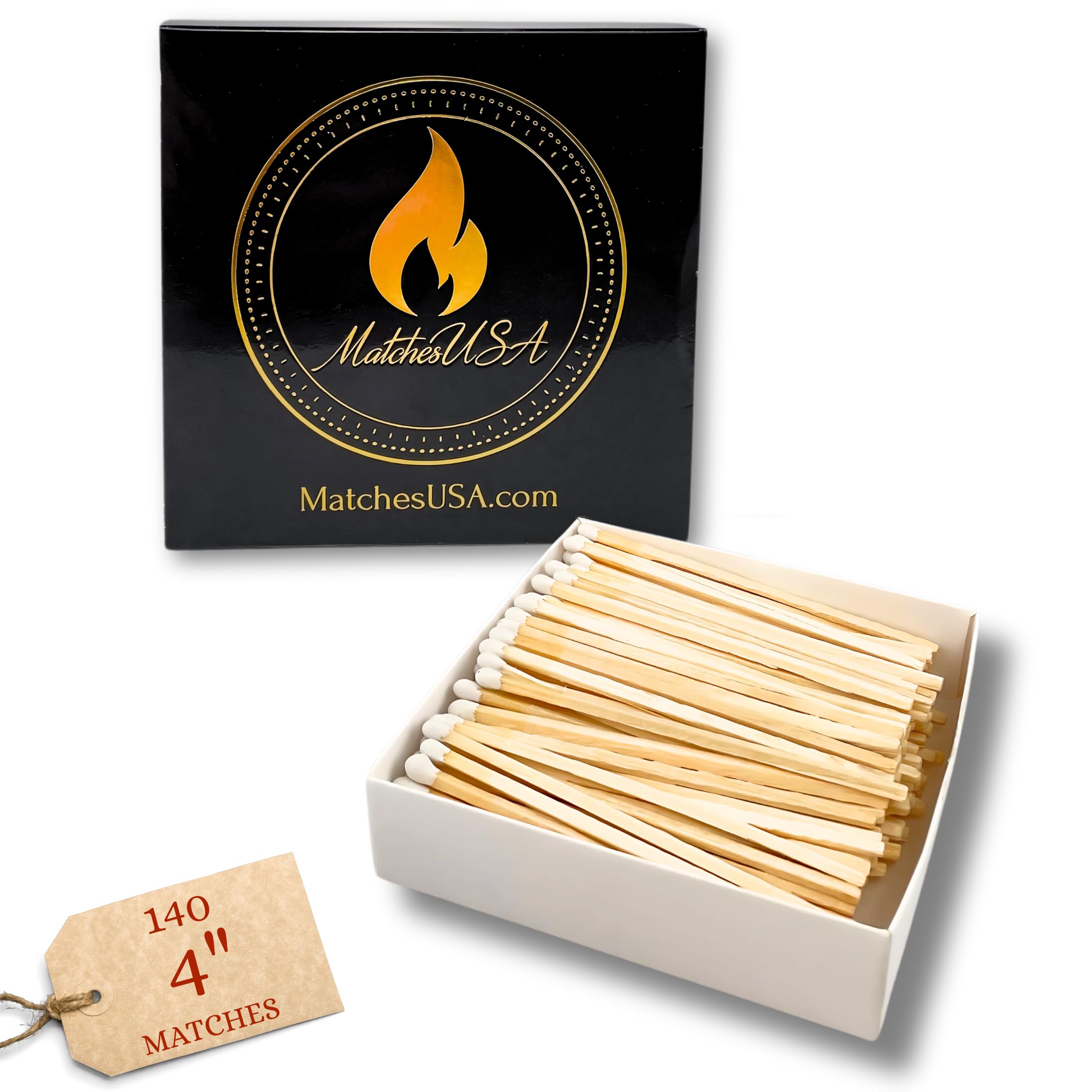 140-4" White Matches in Decorative Box | Choose from 2", 3", 4", 5", 8" Wooden Safety Matches or Matchbox | Refill or Replacement Match Gift Set or Wedding Favors | Strikers Included (4" Box)
