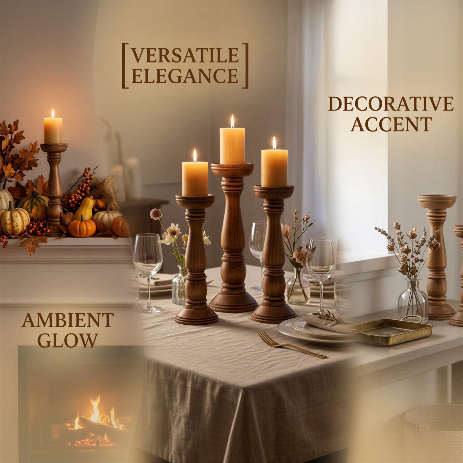 3 STK. Stumpenkerzenhalter-Set, Holzdesign im Landhausstil mit Walnussfinish, in DREI Höhen für Hochzeitsdeko und Kaminsims, dekorativ für Tisch, Regal und Wohnbereich