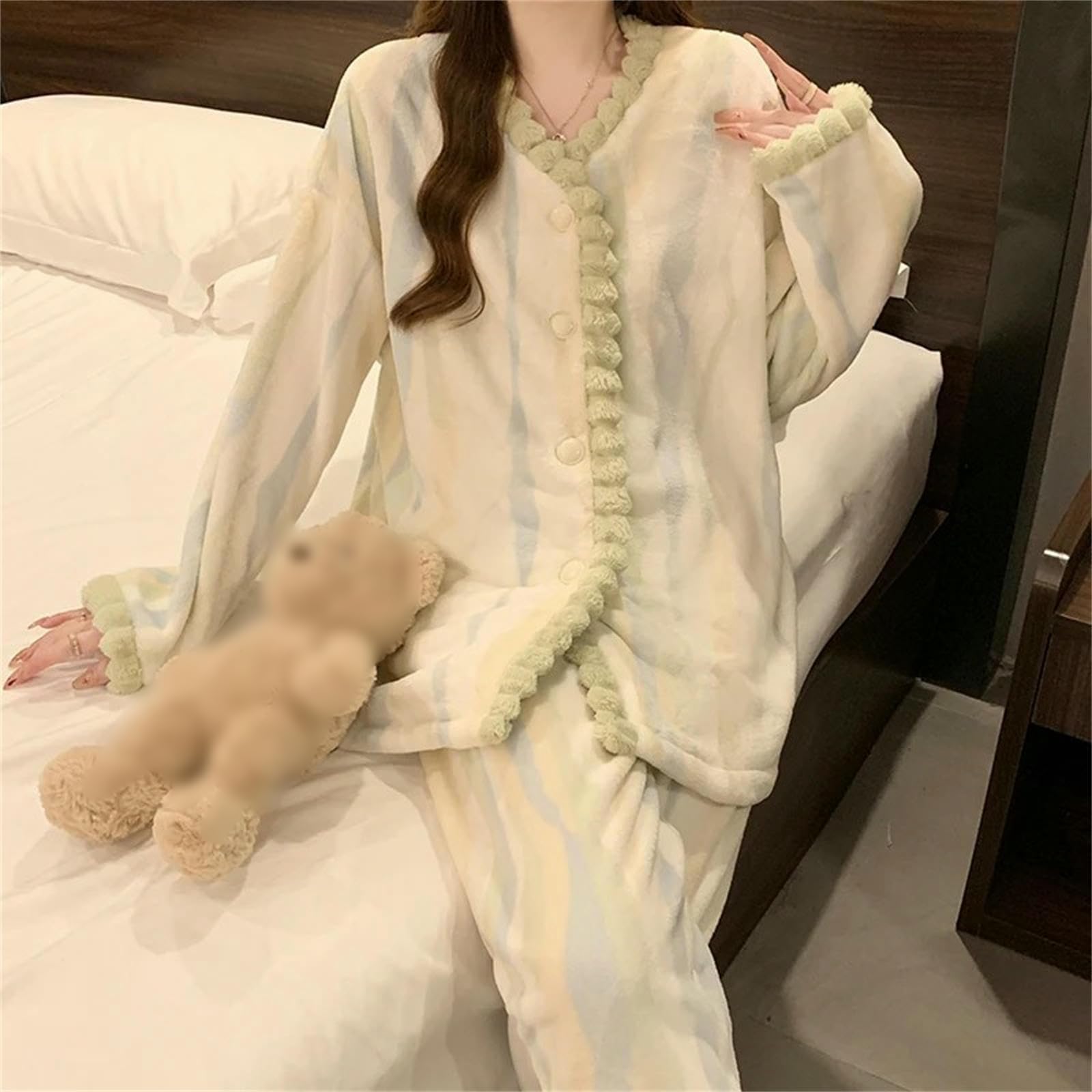 Pigiama da Donna in Pile Corallo, Set di Abbigliamento Casa Caldo E Addensato per L'autunno l'inverno -Verde-l