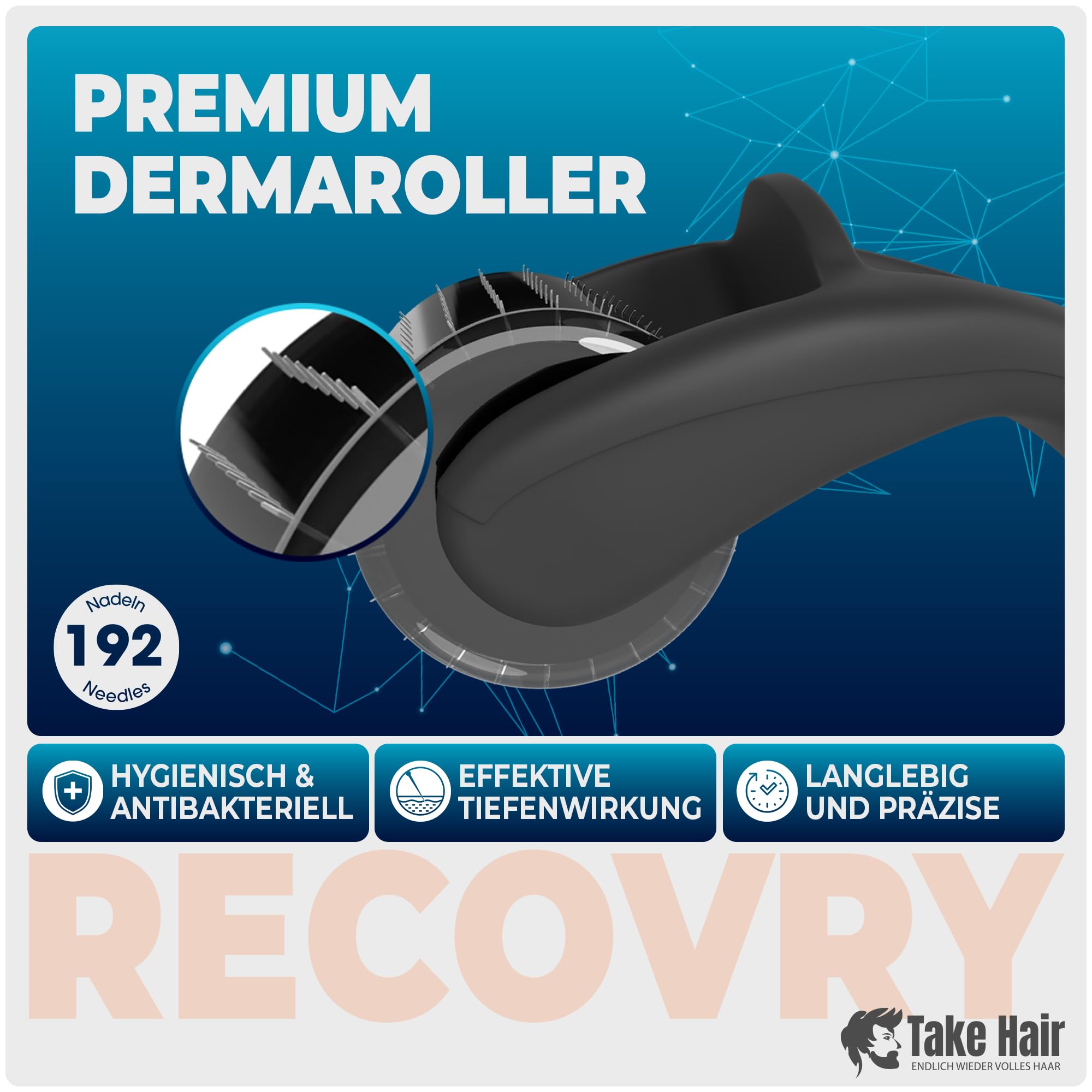 RecoVRY Dermaroller da uomo, 1 mm, 192 aghi veri per la massima crescita dei capelli, aghi in acciaio inox, promuove capelli densi e pieni | Micro Needle Roller (nero, Premium 1 mm)