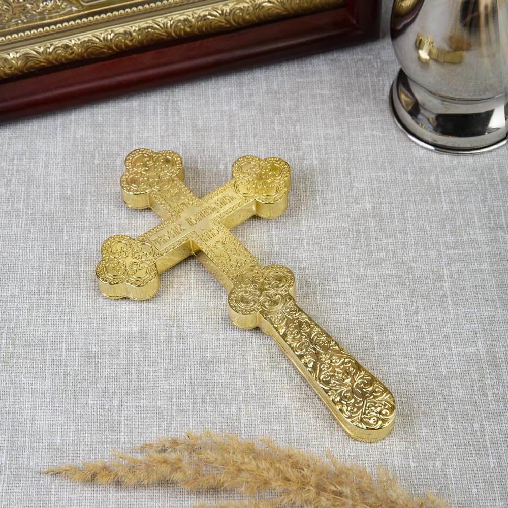 RZRHMUHN Croix de bénédiction orthodoxe plaquée or, crucifix religieux de 21,6 cm avec icône en relief, croix liturgique orthodoxe orientale pour bénédiction du prêtre, autel d'église, dévotion à