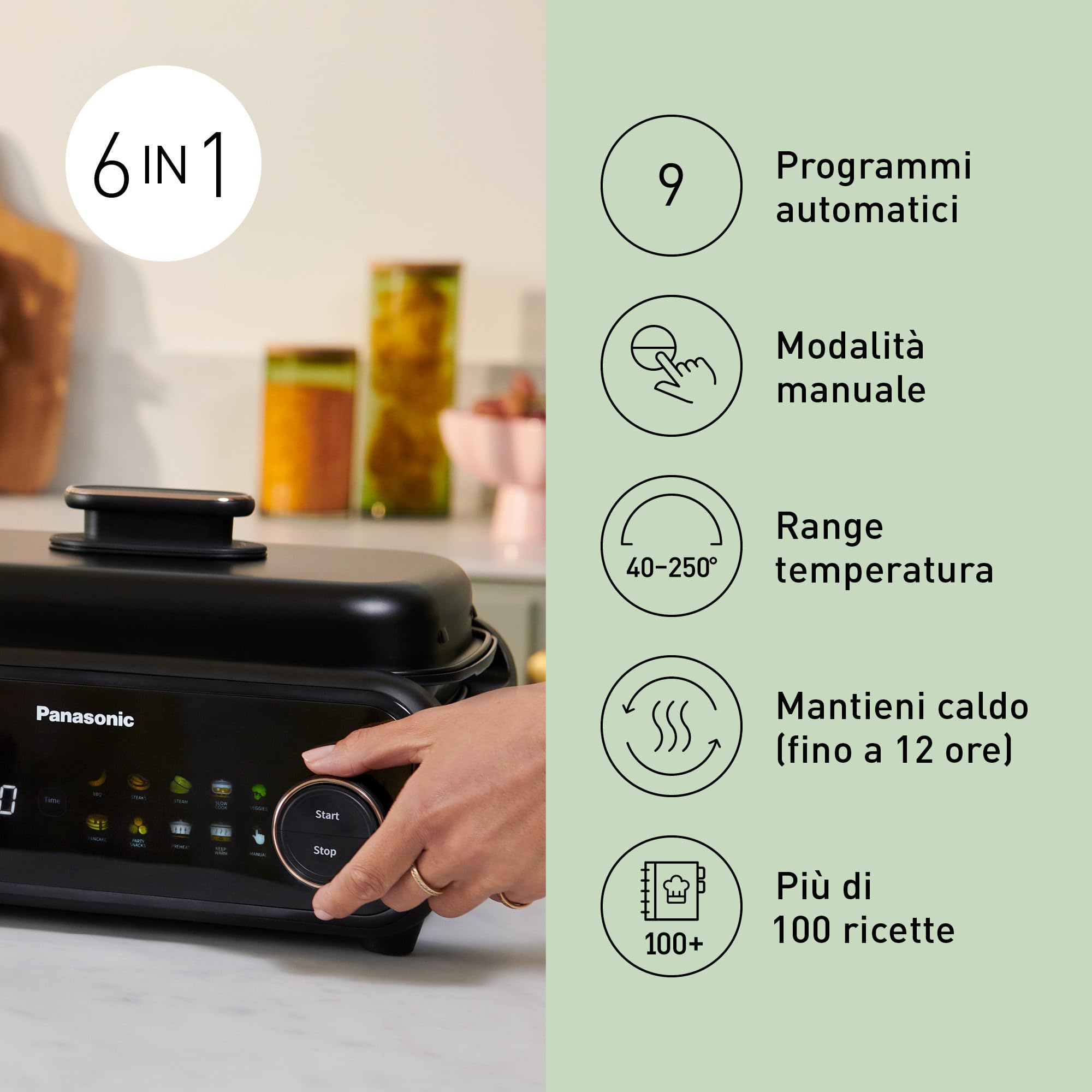 Panasonic NF-GM600 Multi-Cooker Elettrico 6-in-1, Griglia elettrica, Friggere, Cottura Lenta, BBQ, Vapore, Saltare, 1400W, 40–250°C, 9 Modalità Auto, Piastre lavabili in lavastoviglie