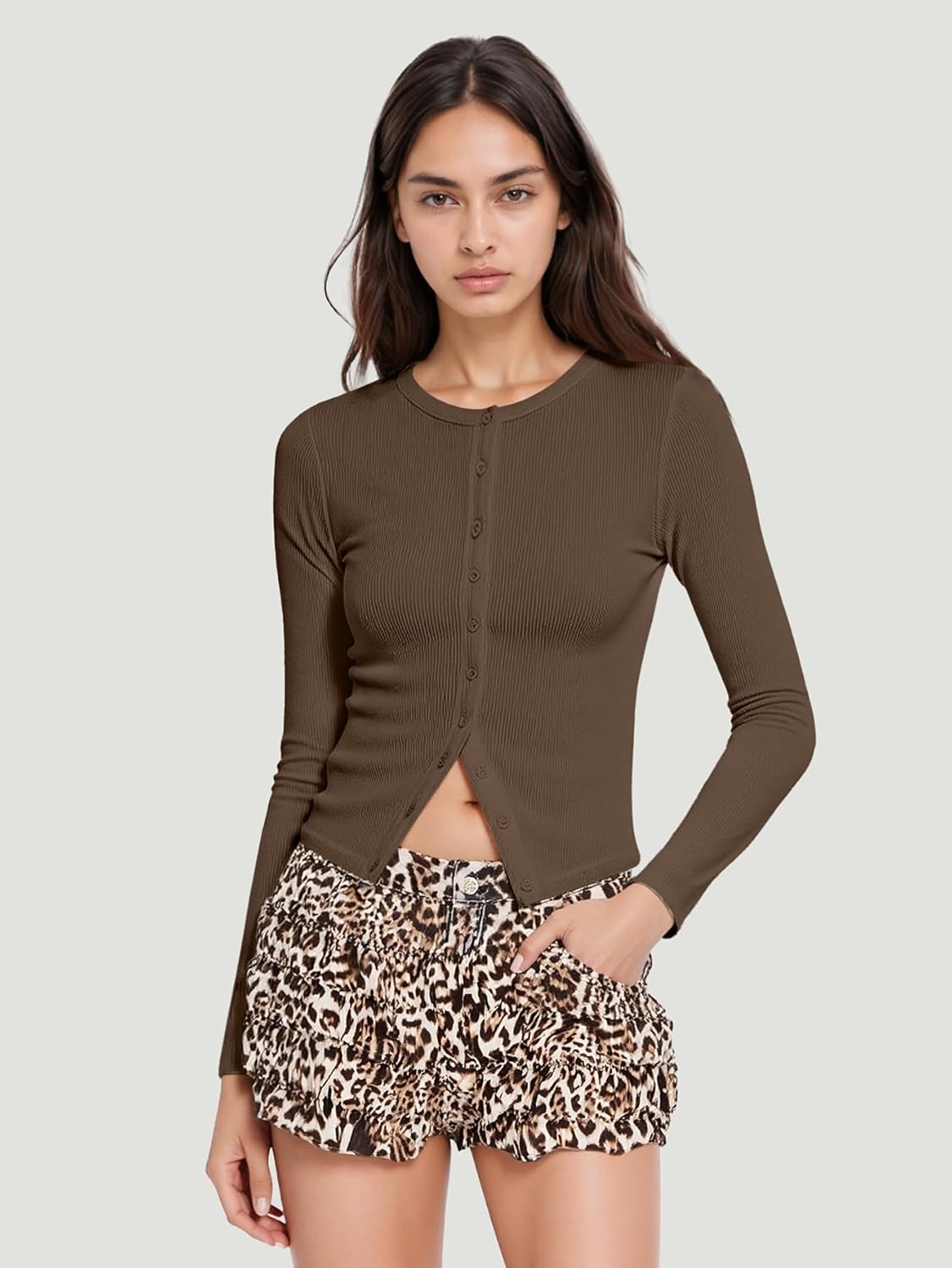 Ribbed Button Down Cardigan for Women, Long Sleeve Button Up Fall Knit Going Out Cropped Tops - Image 5