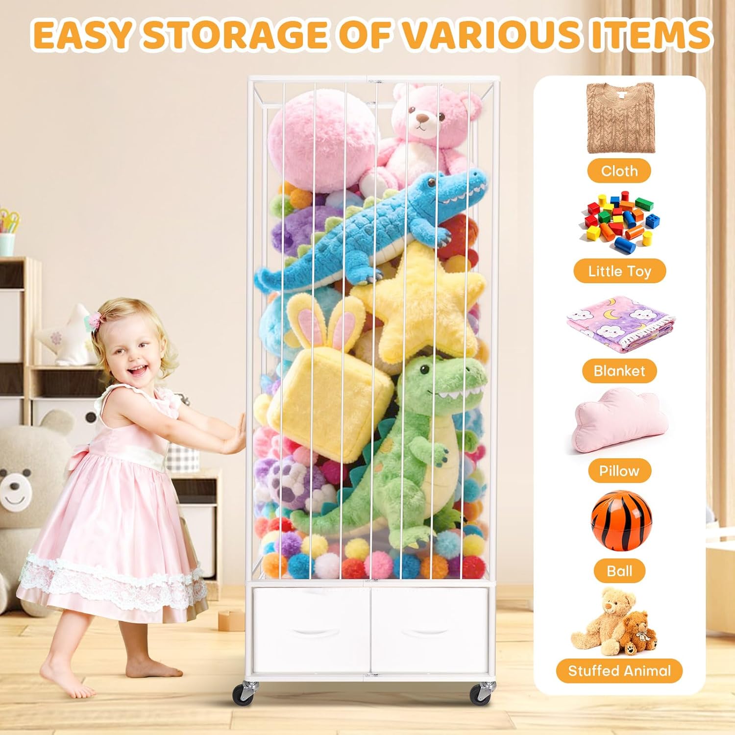 Stuffed Animal Storage - Large Stuffed Animal Zoo Holder with 2 Toy Bins - Plushies Storage with Elastic Band - Metal Plush Toy Organizer Brake Wheels Perfect for Toddler Rooms Playrooms Bedroom - Image 7