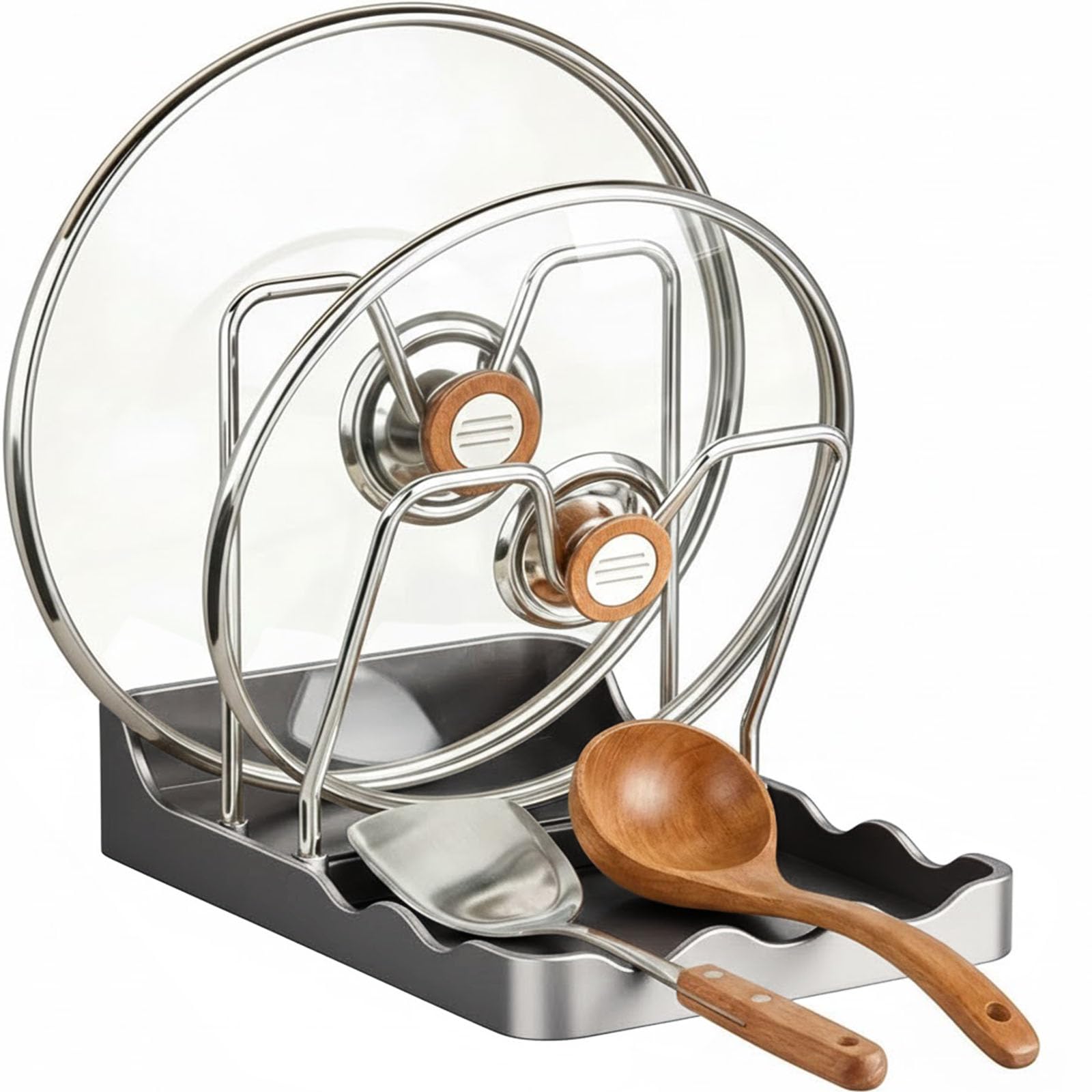 Kitchen Pot Lid Storage Rack, Stainless Steel Pot Lid Organizer Rack for Countertop, Lid Holder While Cooking with Spoon Rest and Removable Drip Tray (Gray)