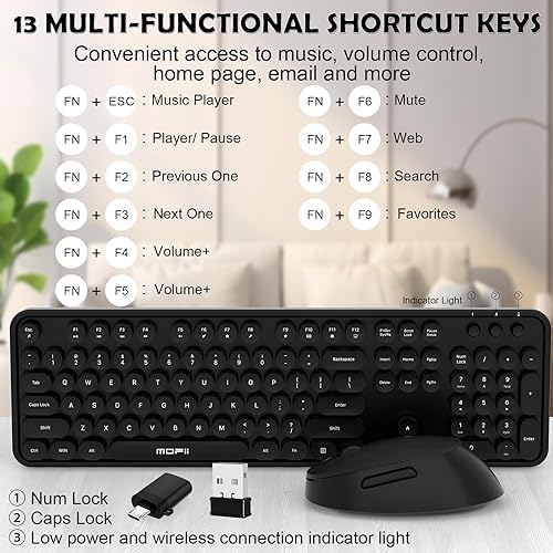 Miniatura 8 de Teclado y mouse inalámbrico, lindo teclado colorido de 104 teclas de tamaño completo, teclas redondas retro para PC, laptop, ventanas, escritorio,