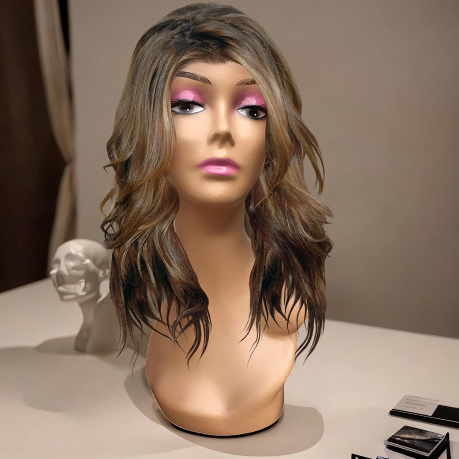 Female Wig Head Mannequin Wig Display Model Long Neck with Makeup Smooth 19inch Manikin for Wigs Making Styling Hairpieces, Style B
