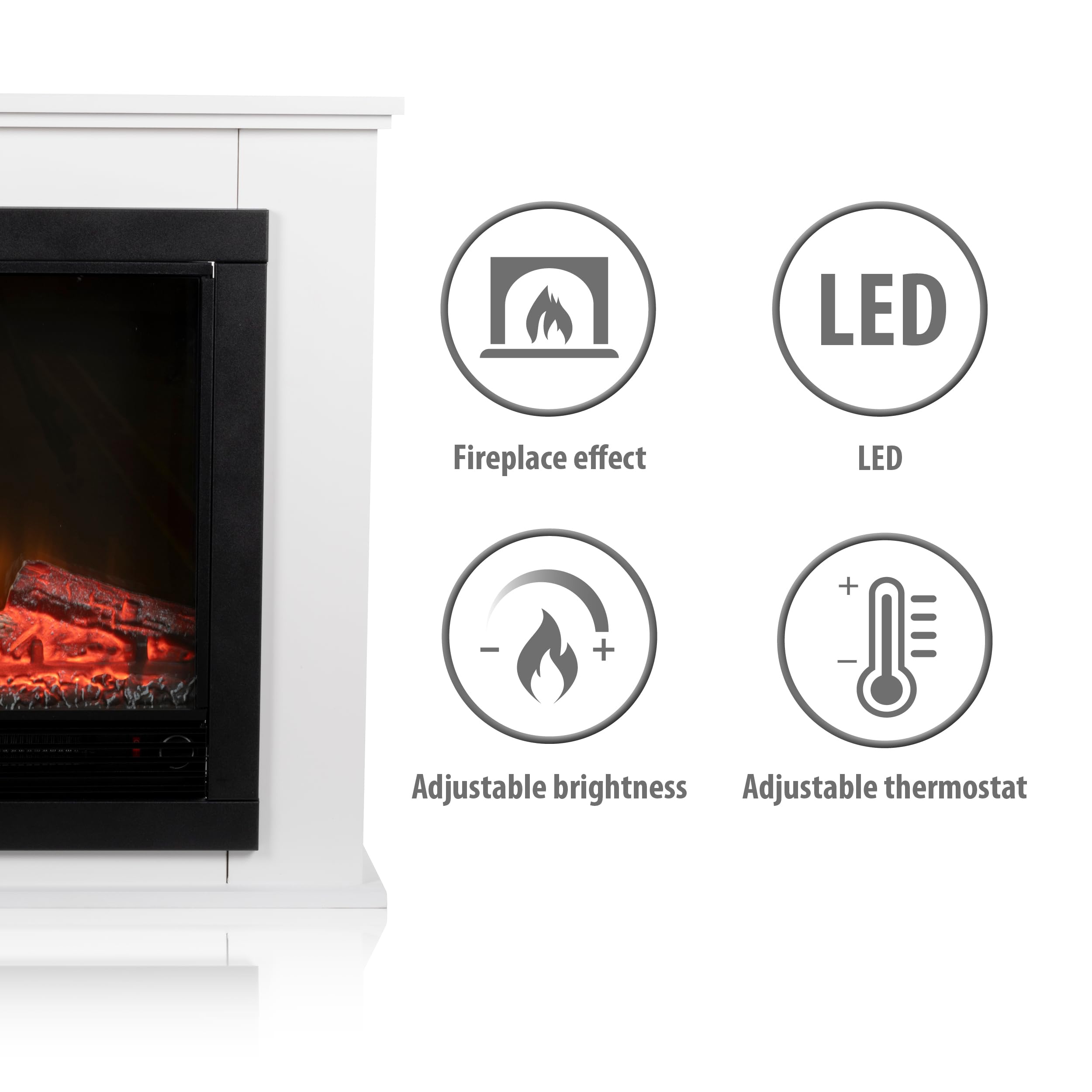 Alpina Geneva Chimenea Eléctrica - Chimenea Decorativa con Calefacción, Panel de Control y Temporizador - Estufa Eléctrica Independiente con Llama LED - 1800W - Blanco