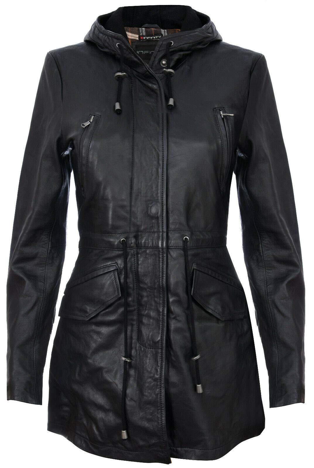 Women's Black Leather Hooded Parker Jacket Multi-Pocket Trench Coat 5XL